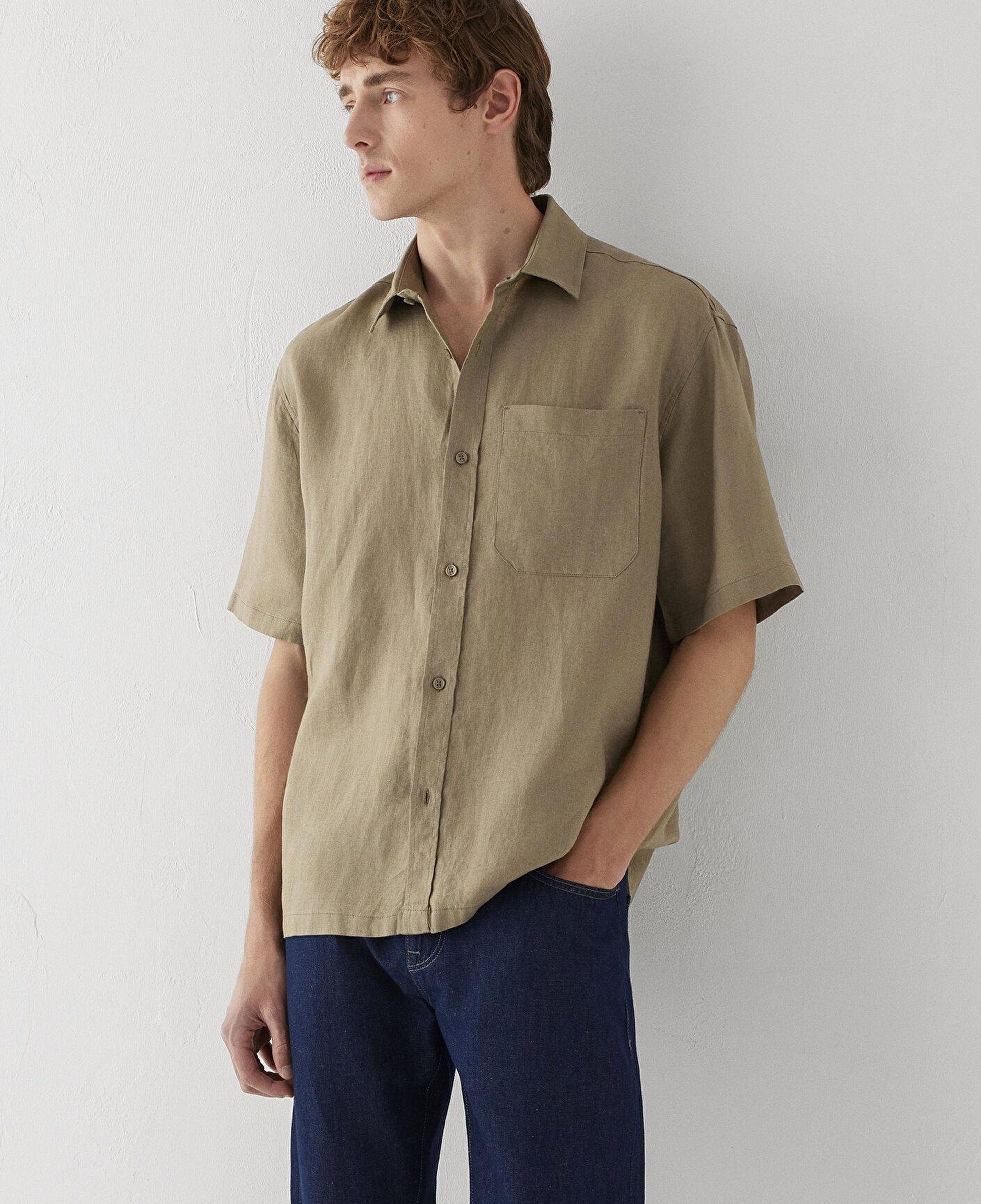 Mavi Kısa Kollu Bej Keten Gömlek Loose Fit / Bol Rahat Kesim 0211966-86749
