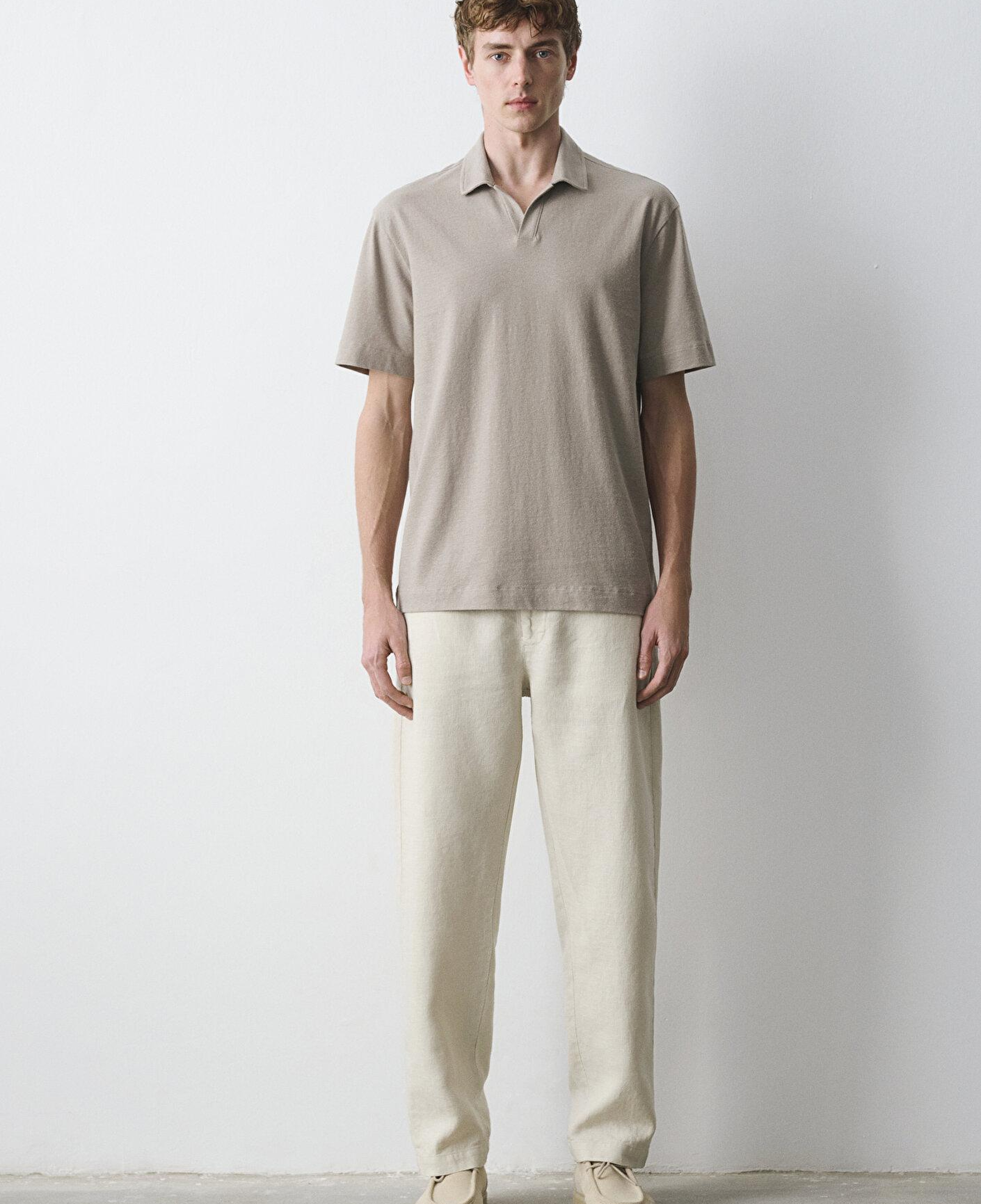 Mavi Keten Karışımlı Kahverengi Polo Tişört Loose Fit / Bol Rahat Kesim 0613341-70352