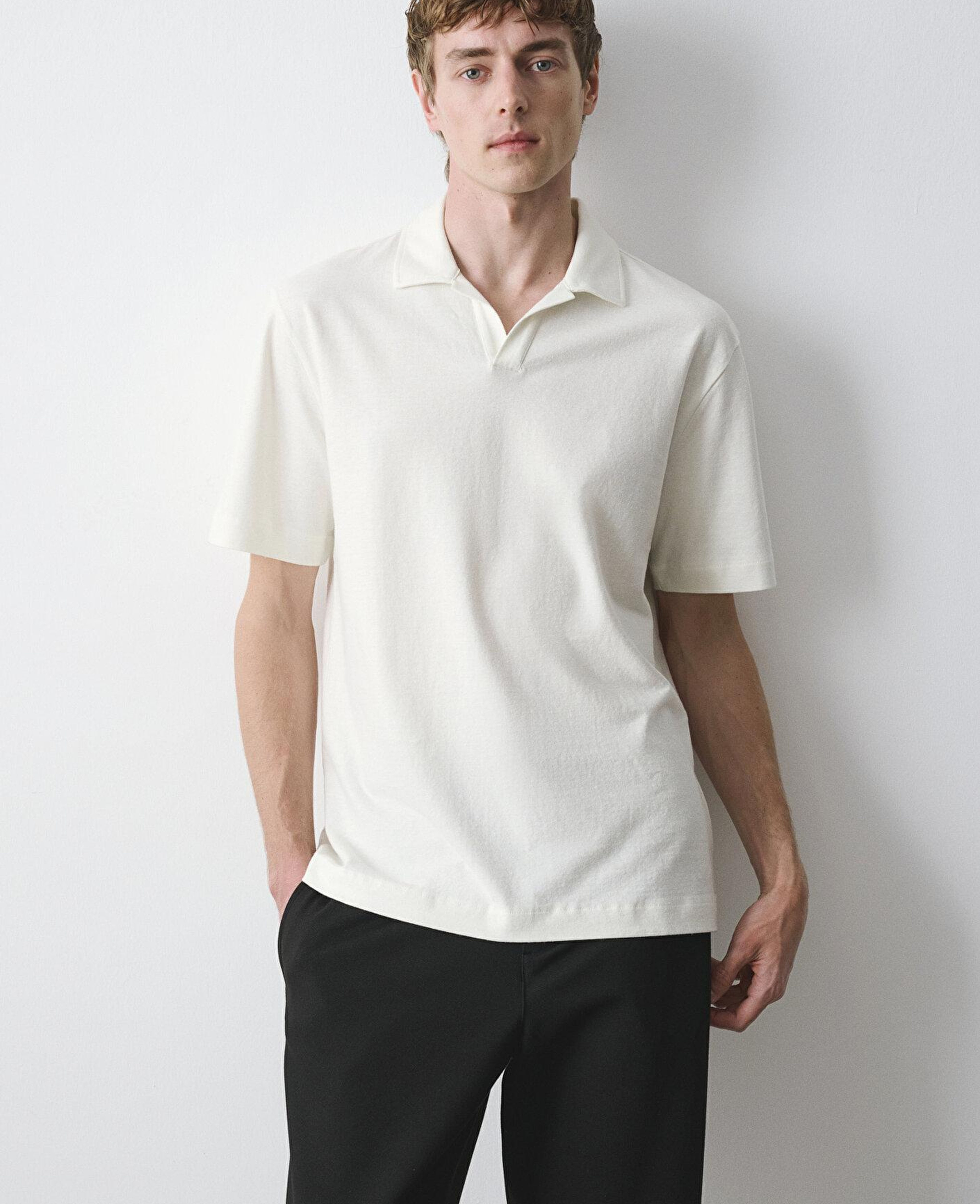 Mavi Keten Karışımlı Ekru Polo Tişört Loose Fit / Bol Rahat Kesim 0613341-80194
