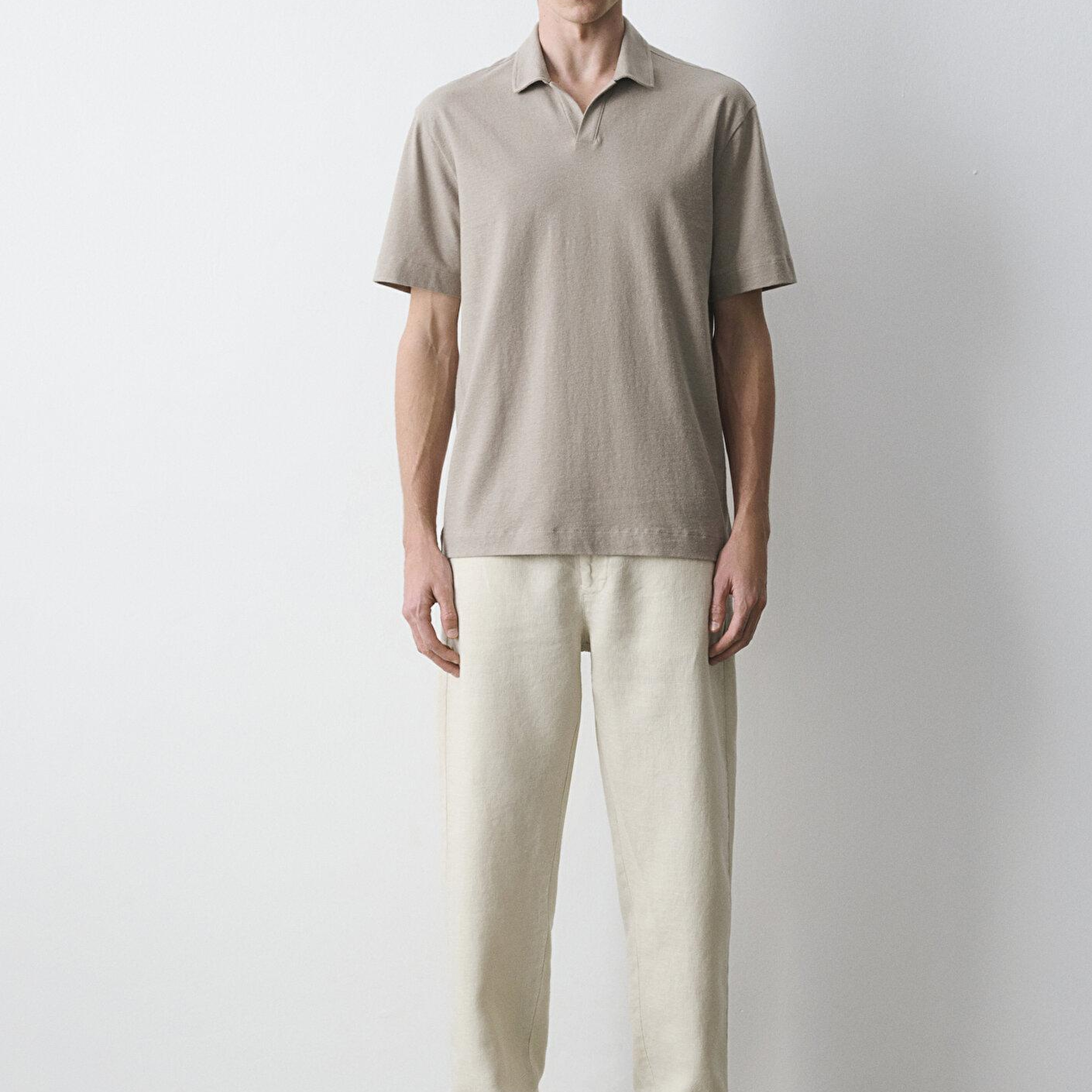 Mavi Keten Karışımlı Kahverengi Polo Tişört Loose Fit / Bol Rahat Kesim 0613341-70352