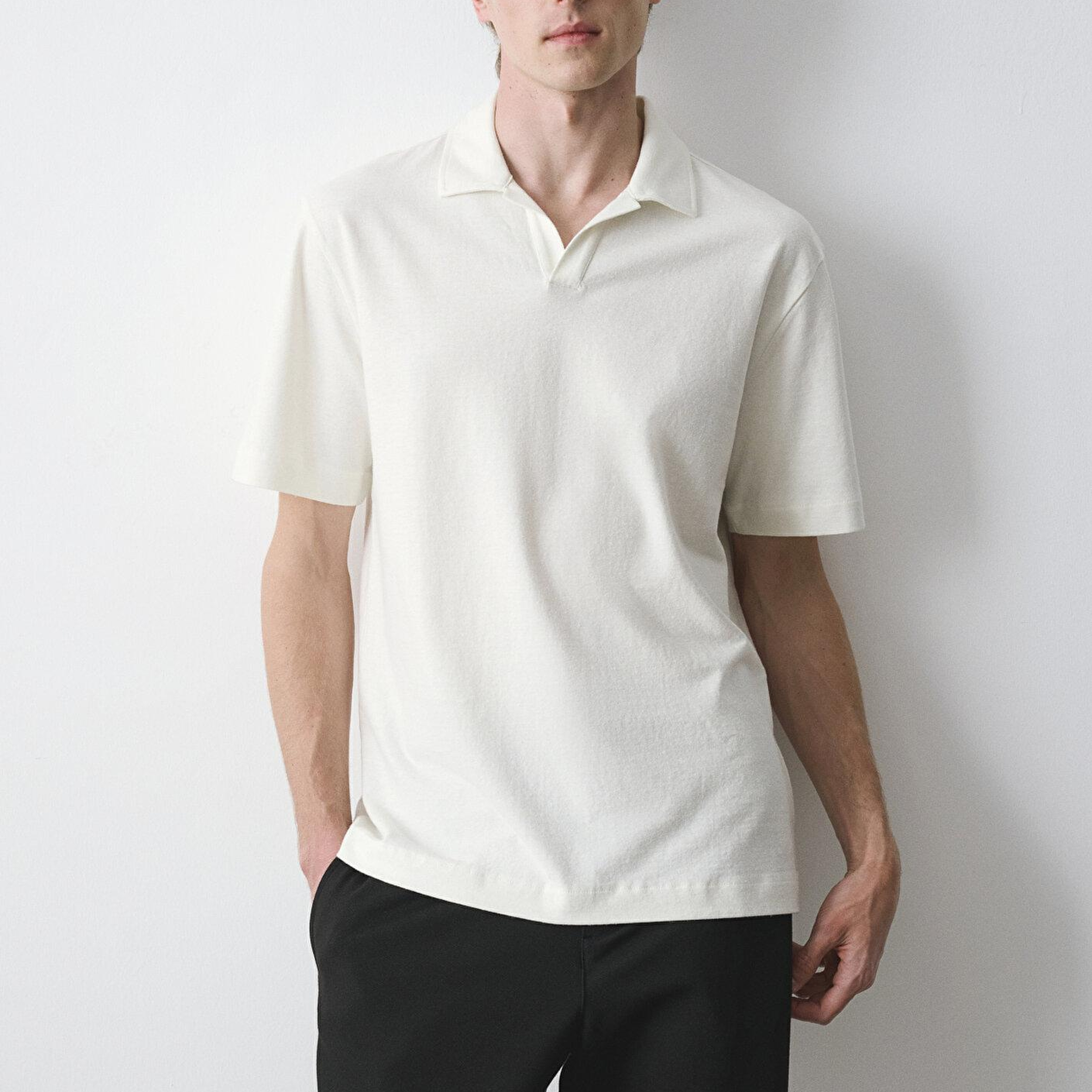 Mavi Keten Karışımlı Ekru Polo Tişört Loose Fit / Bol Rahat Kesim 0613341-80194