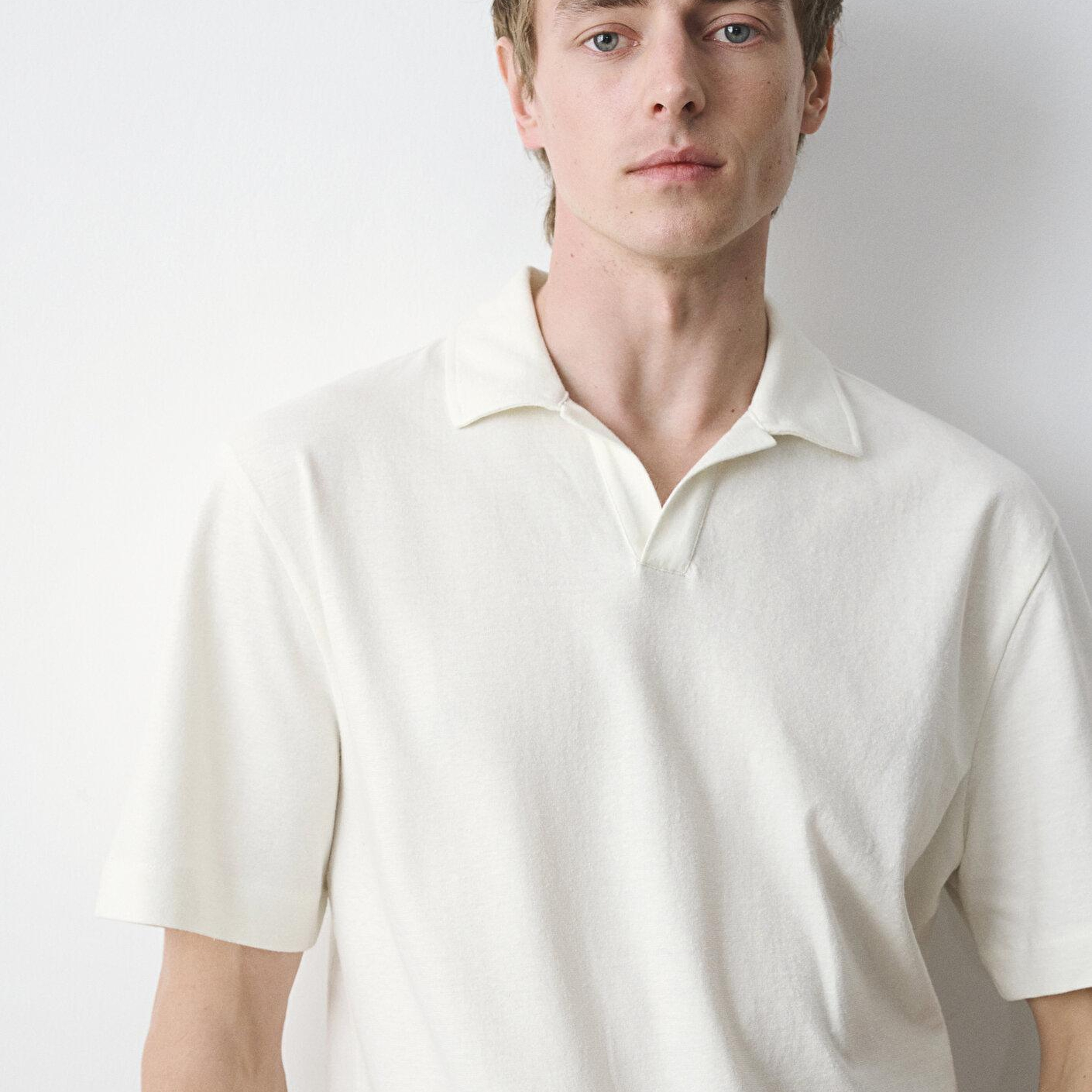 Mavi Keten Karışımlı Ekru Polo Tişört Loose Fit / Bol Rahat Kesim 0613341-80194