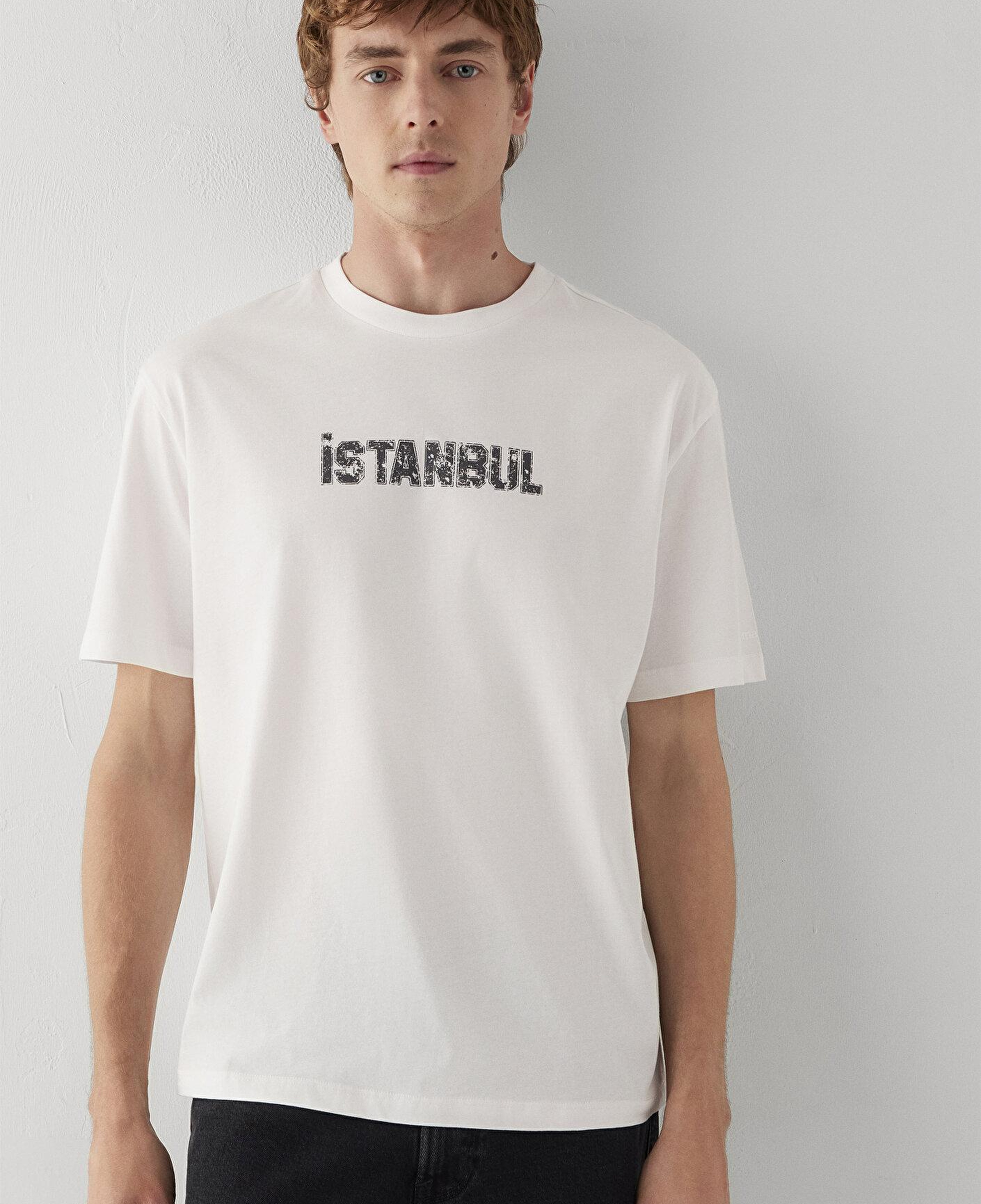 Mavi İstanbul Baskılı Ekru Tişört Loose Fit / Bol Rahat Kesim 0613593-70057