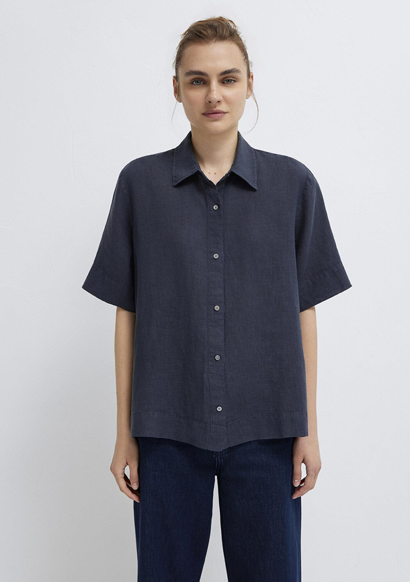 Mavi Lacivert Keten Gömlek Oversize / Geniş Kesim 1211532-85315