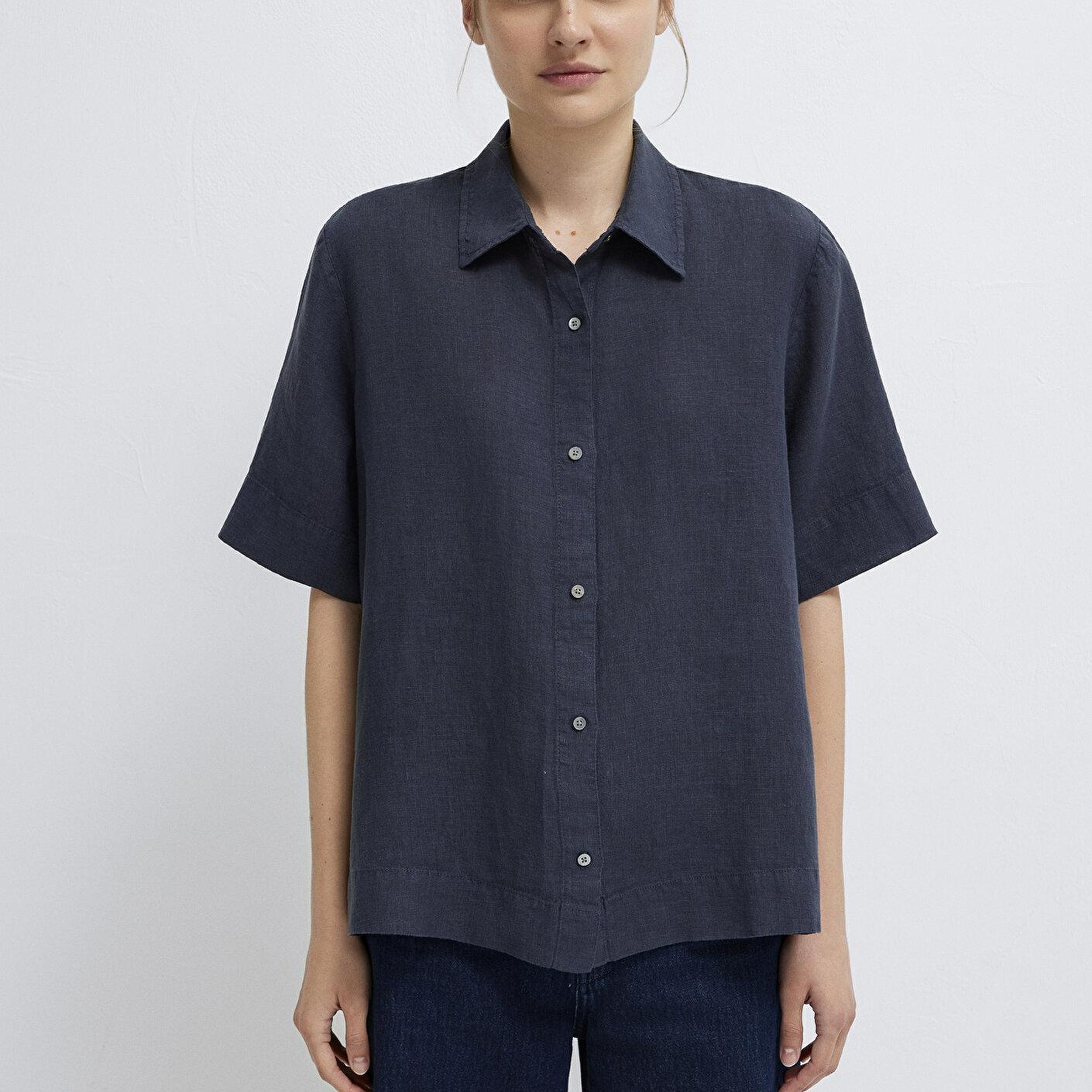 Mavi Lacivert Keten Gömlek Oversize / Geniş Kesim 1211532-85315