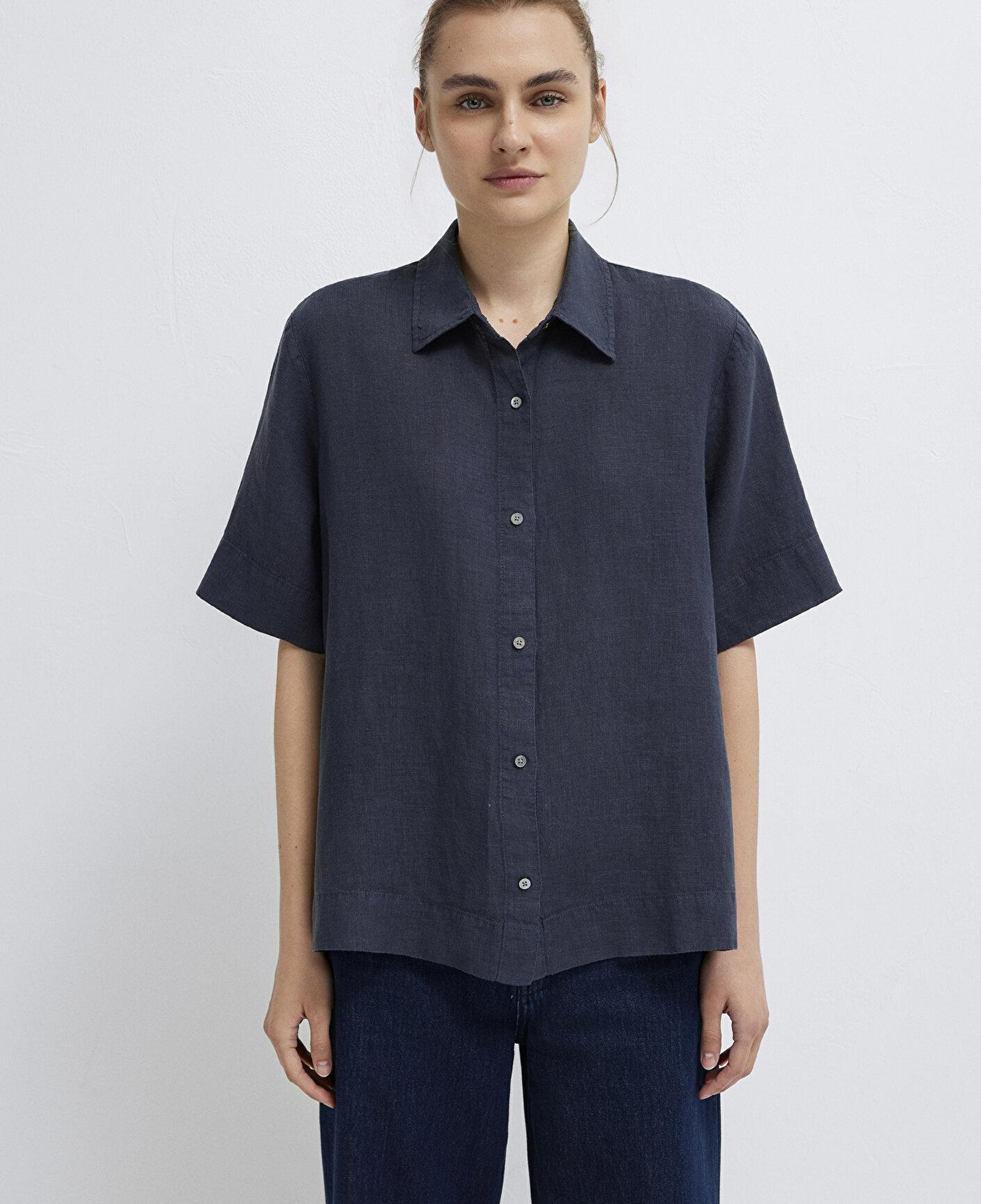Mavi Lacivert Keten Gömlek Oversize / Geniş Kesim 1211532-85315