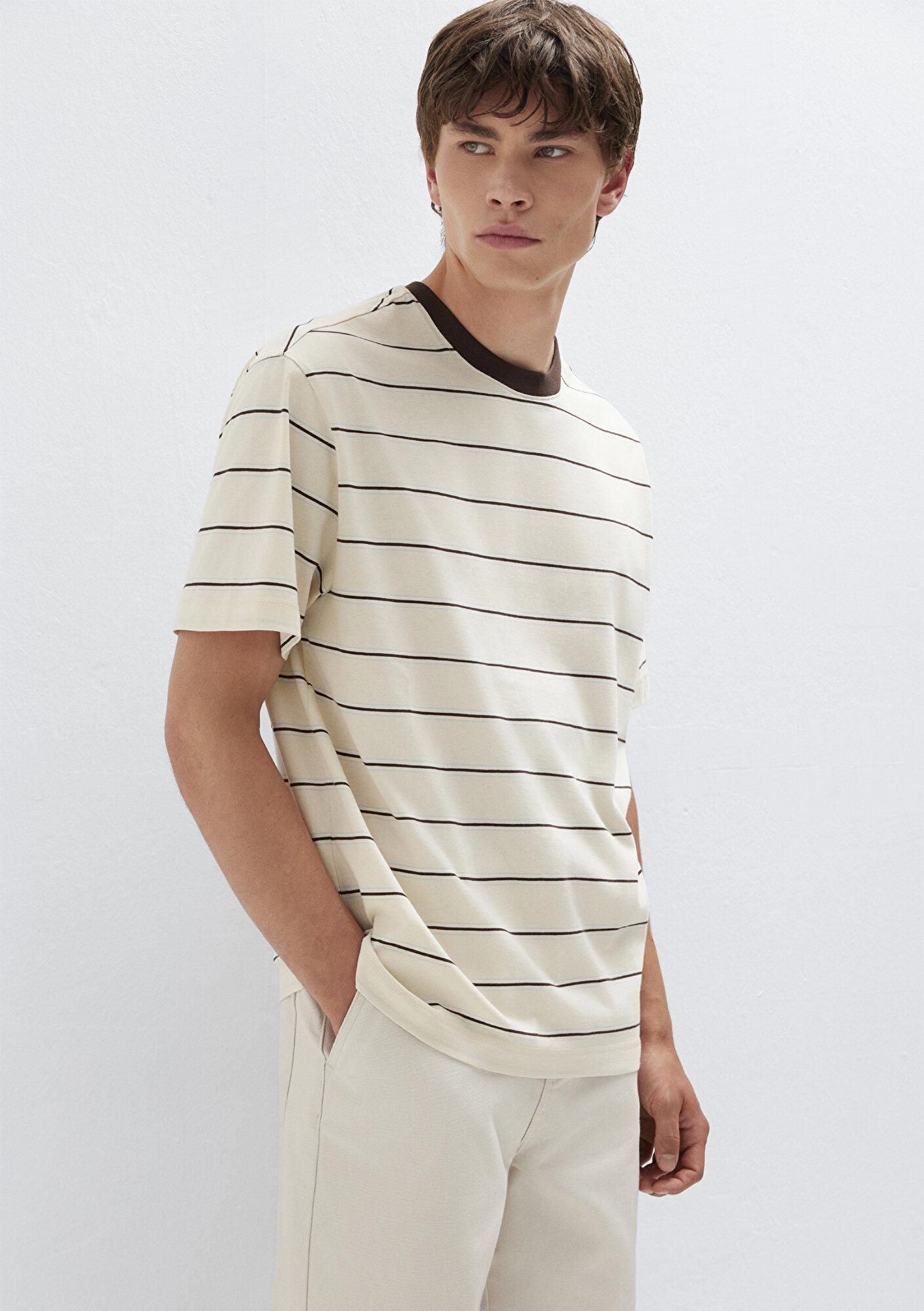 Mavi Çizgili Ekru Tişört Loose Fit / Bol Rahat Kesim 0613644-70055