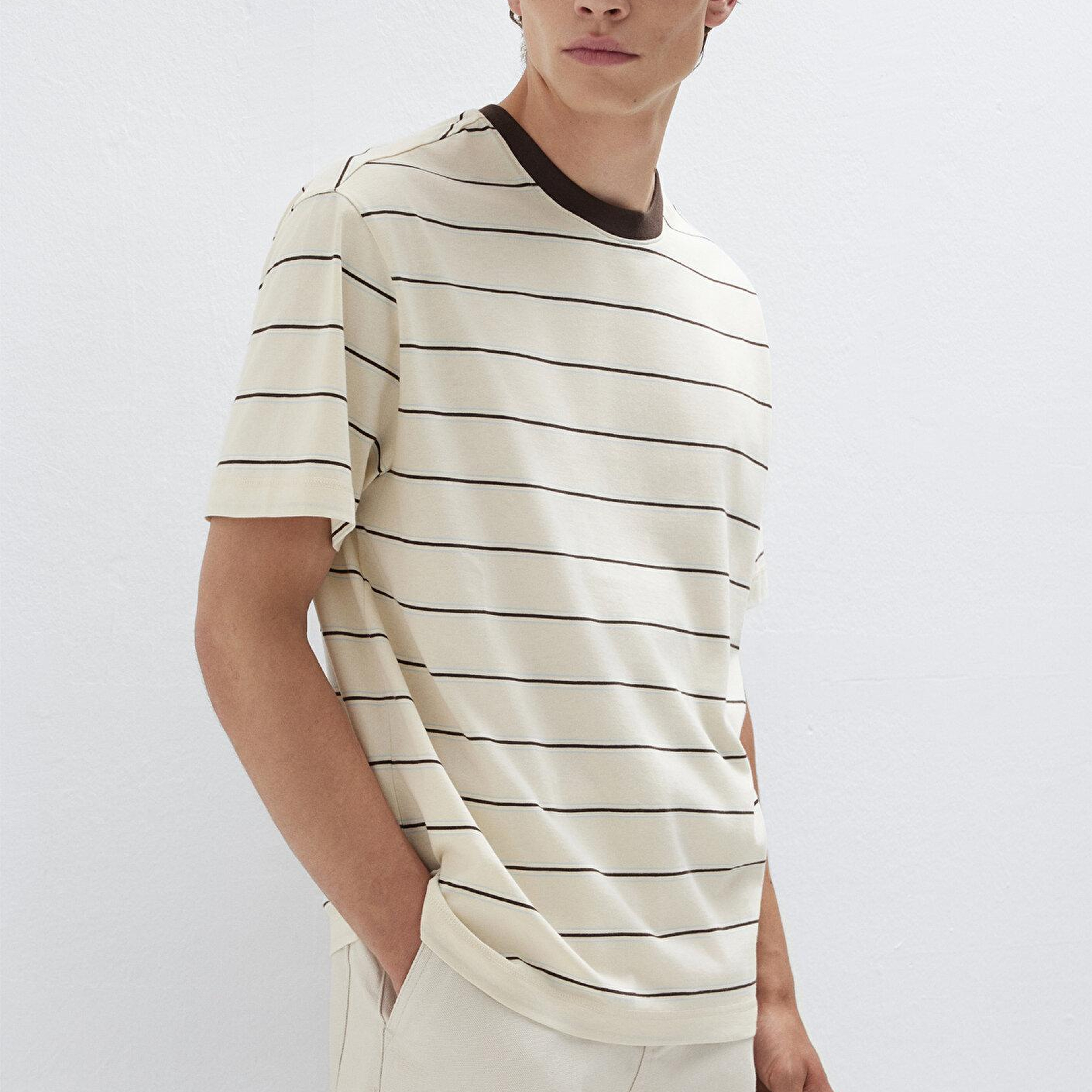 Mavi Çizgili Ekru Tişört Loose Fit / Bol Rahat Kesim 0613644-70055