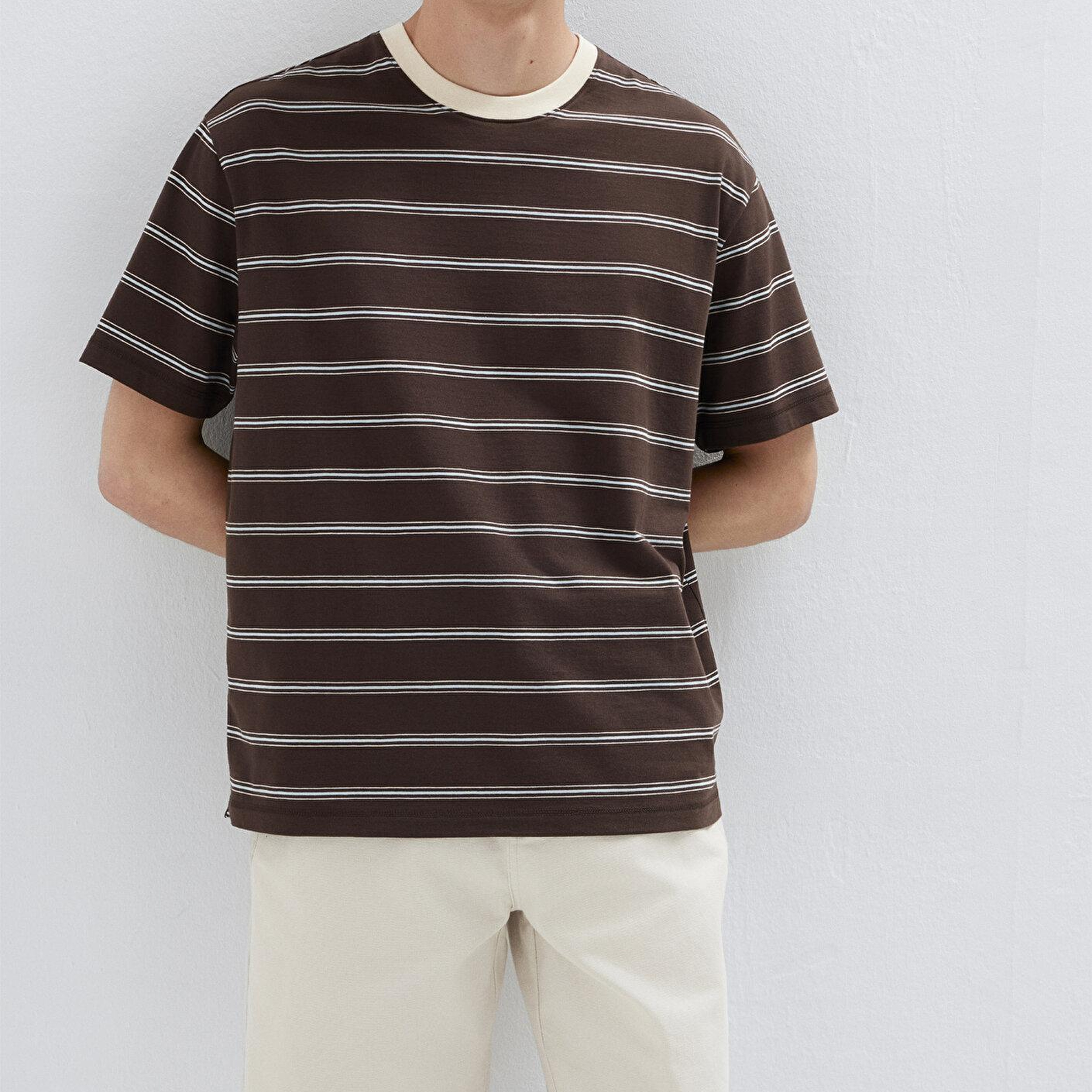 Mavi Çizgili Kahverengi Tişört Loose Fit / Bol Rahat Kesim 0613644-70220