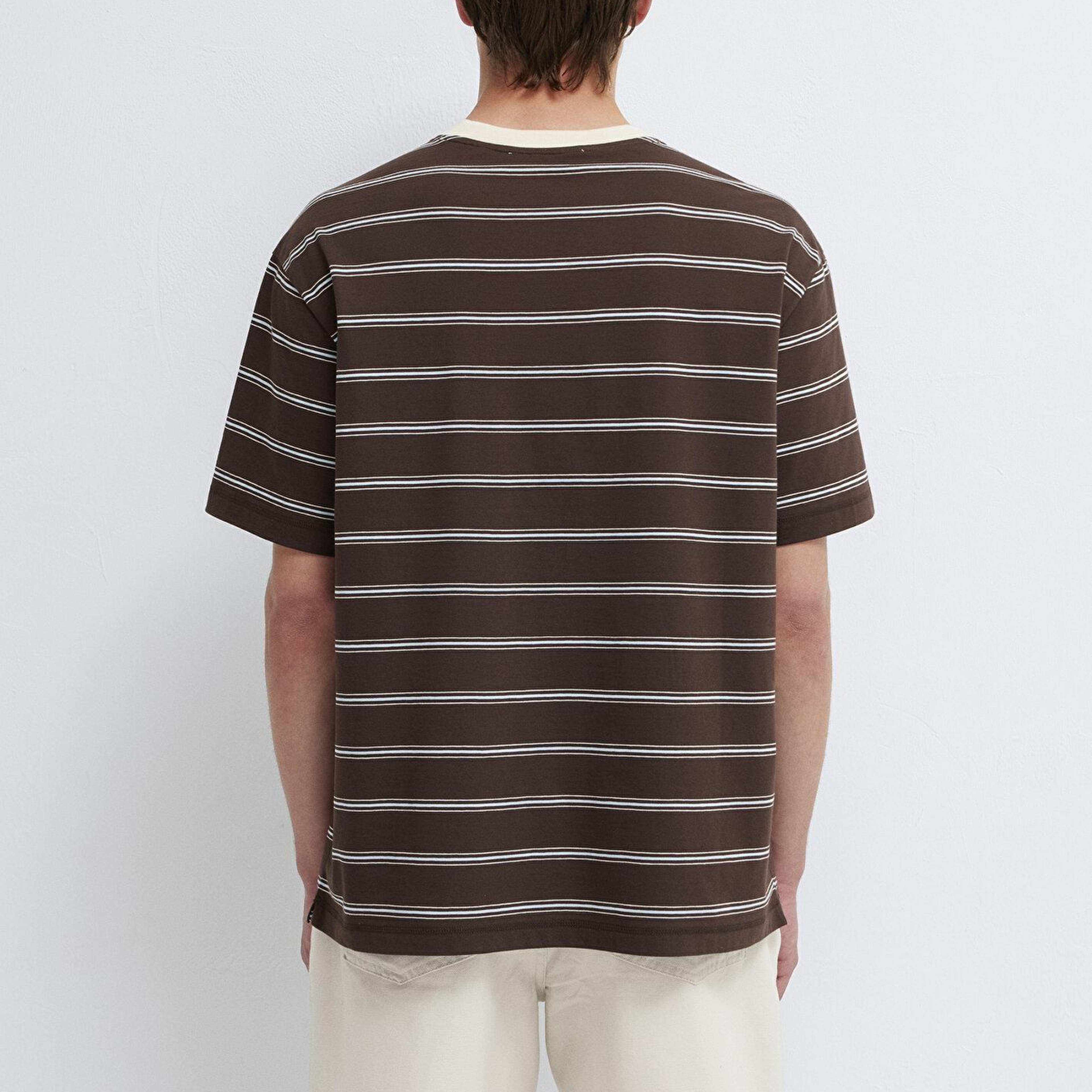 Mavi Çizgili Kahverengi Tişört Loose Fit / Bol Rahat Kesim 0613644-70220