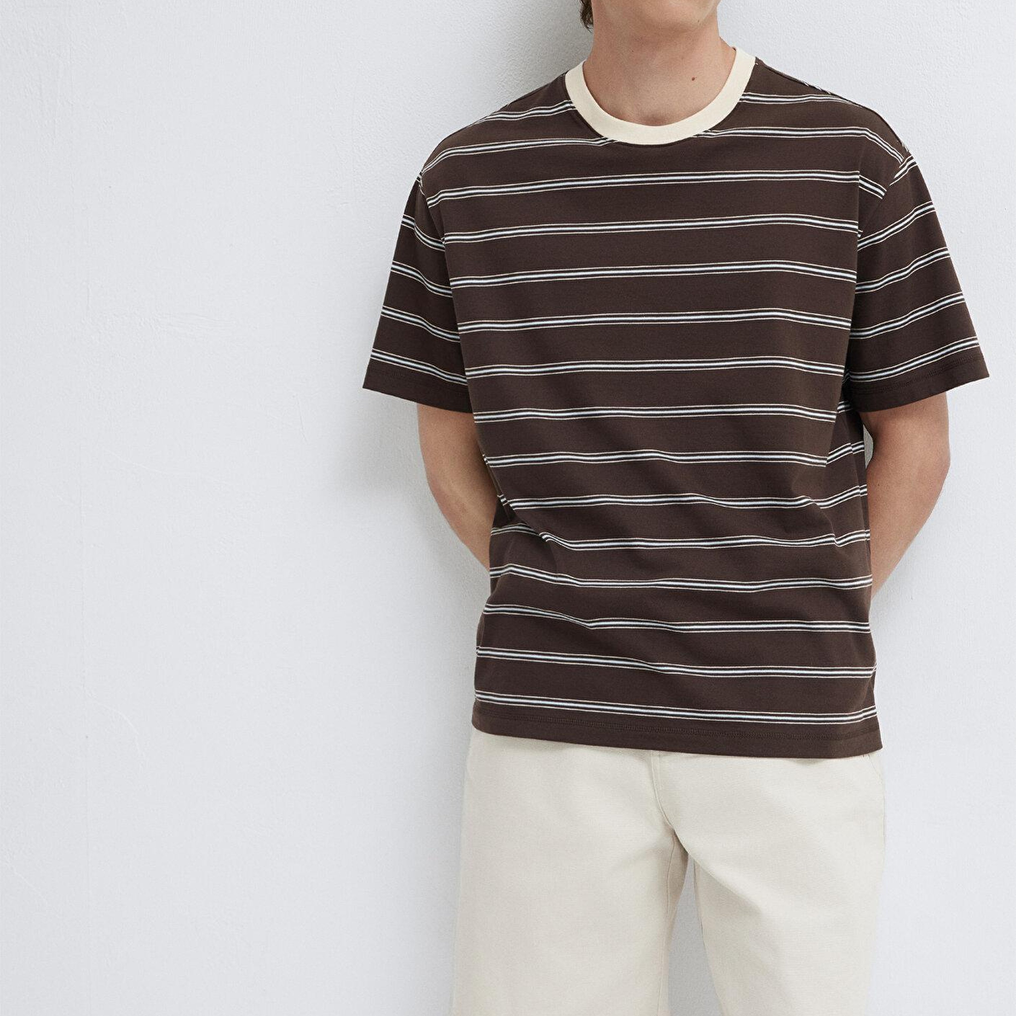 Mavi Çizgili Kahverengi Tişört Loose Fit / Bol Rahat Kesim 0613644-70220