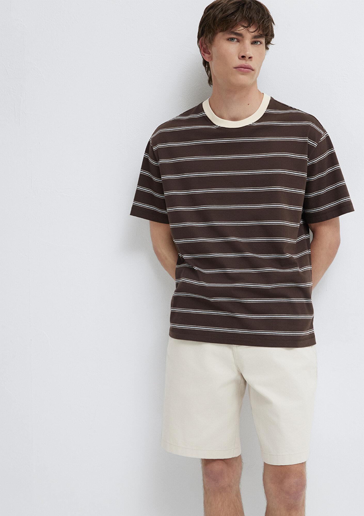 Mavi Çizgili Kahverengi Tişört Loose Fit / Bol Rahat Kesim 0613644-70220