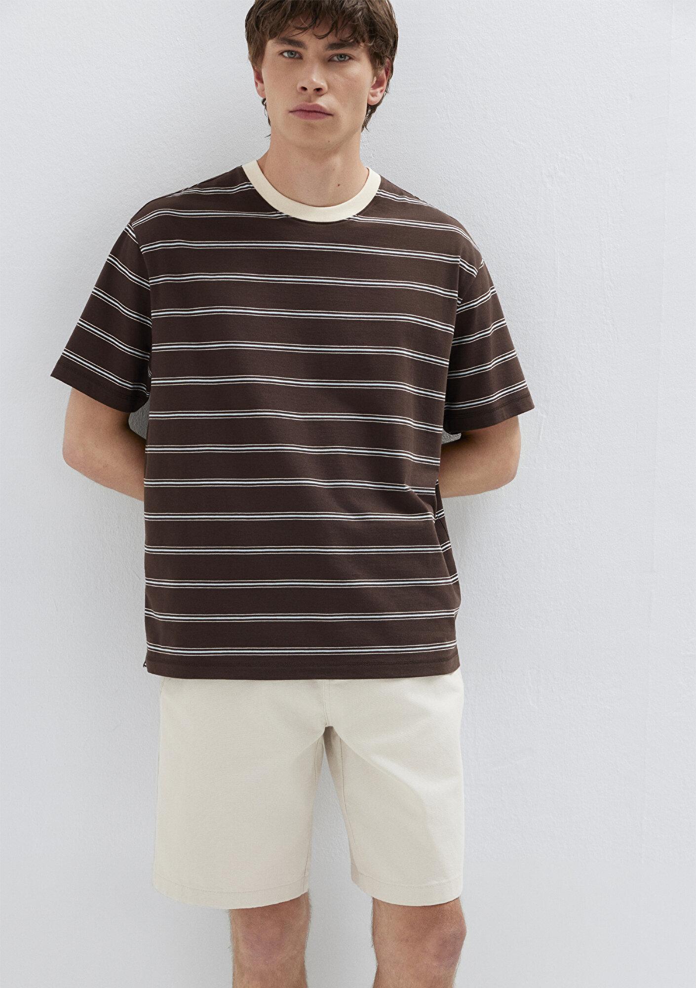 Mavi Çizgili Kahverengi Tişört Loose Fit / Bol Rahat Kesim 0613644-70220