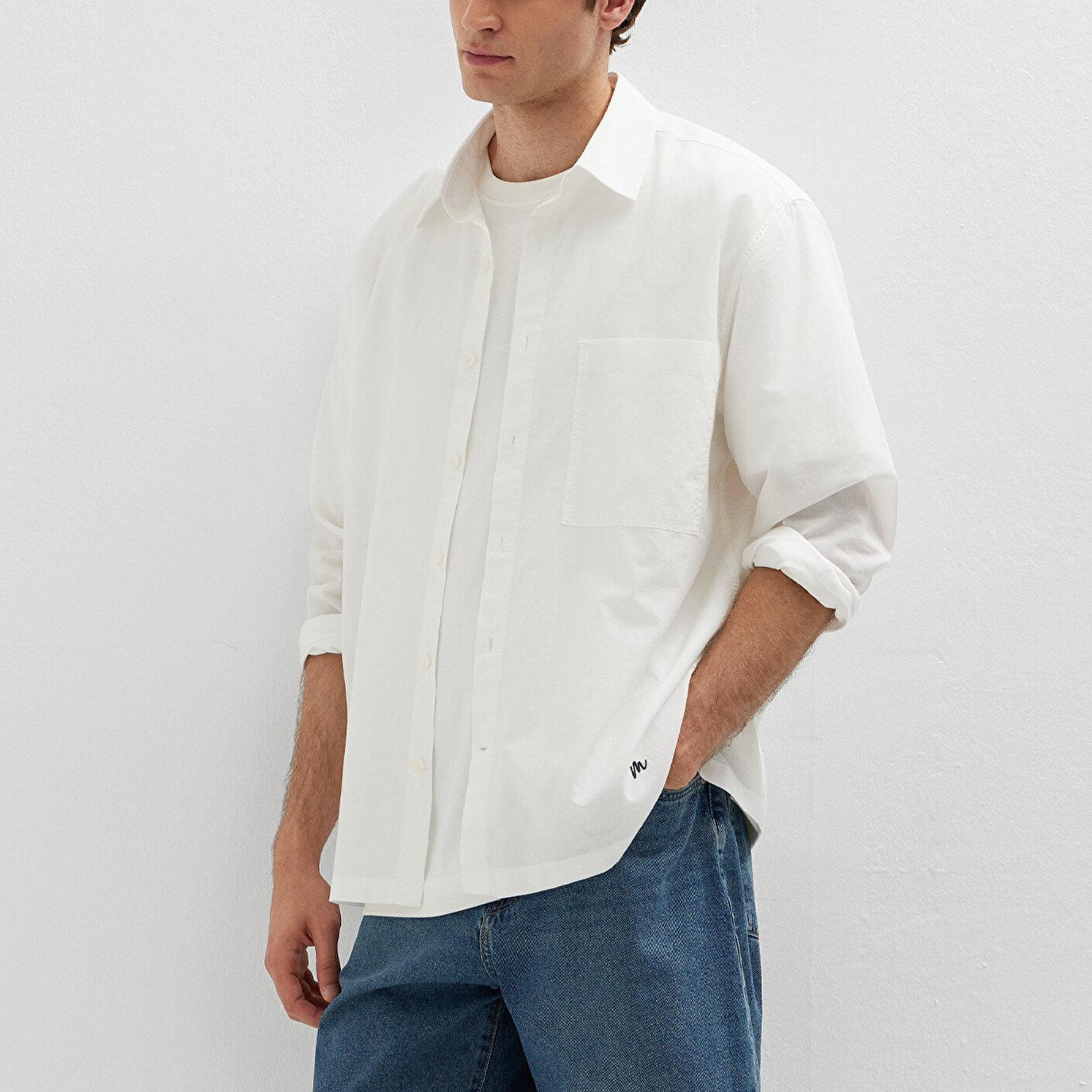 Mavi Ekru Gömlek Loose Fit / Bol Rahat Kesim 0212140-70057
