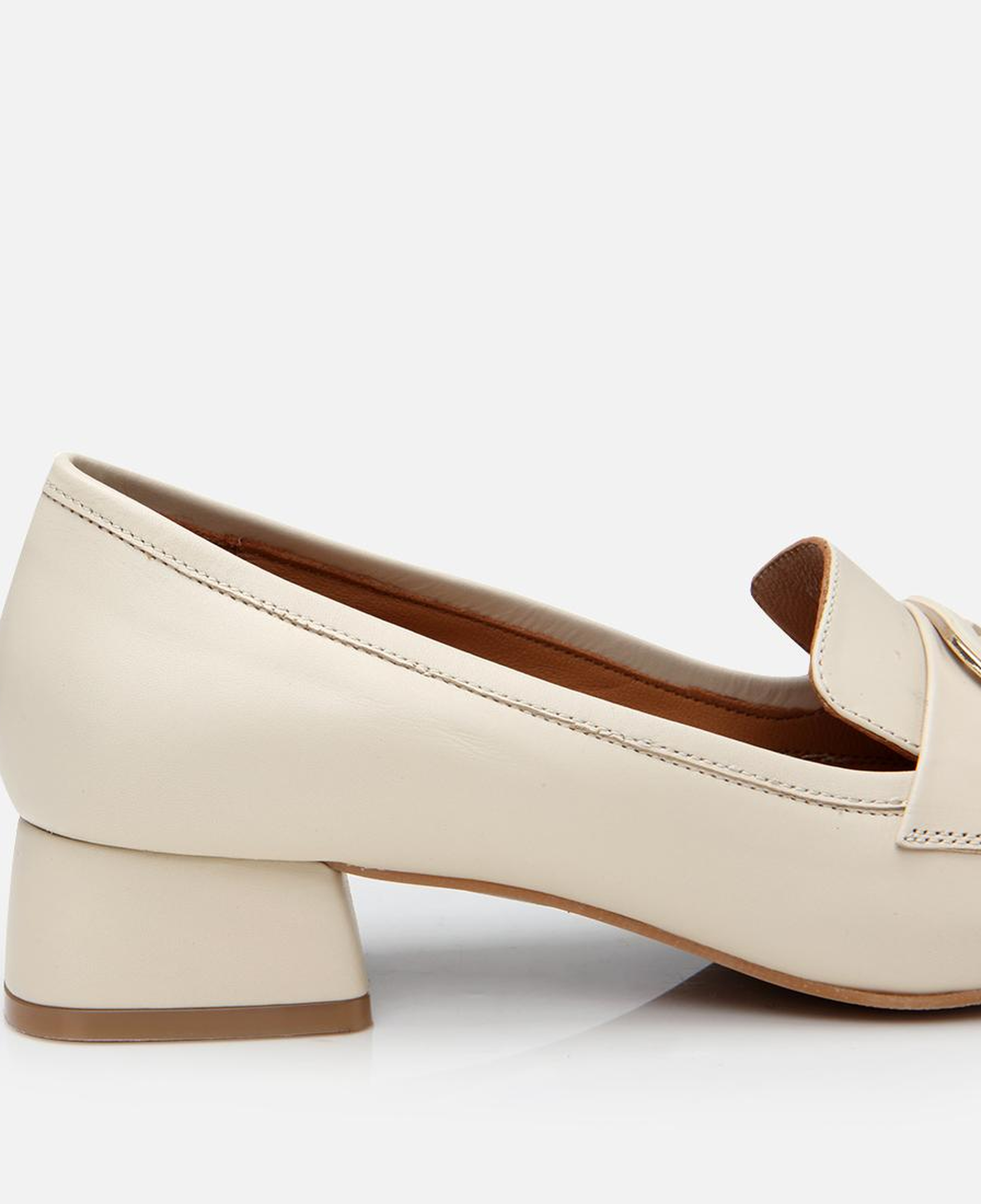 Kadın Deri Ekru Tokalı Kalın Topuklu Klasik Loafer