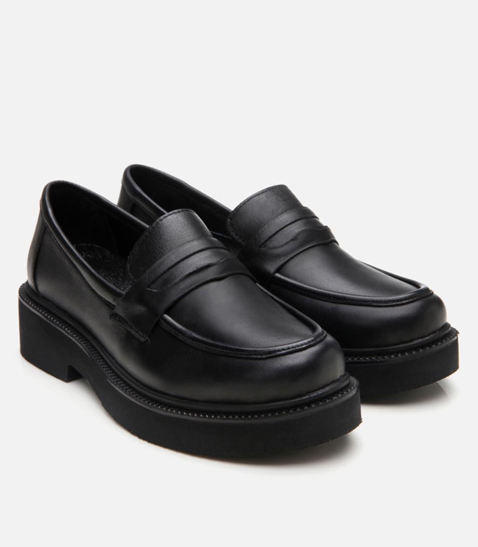 Kadın Deri Siyah Kalın Tabanlı Klasik Loafer