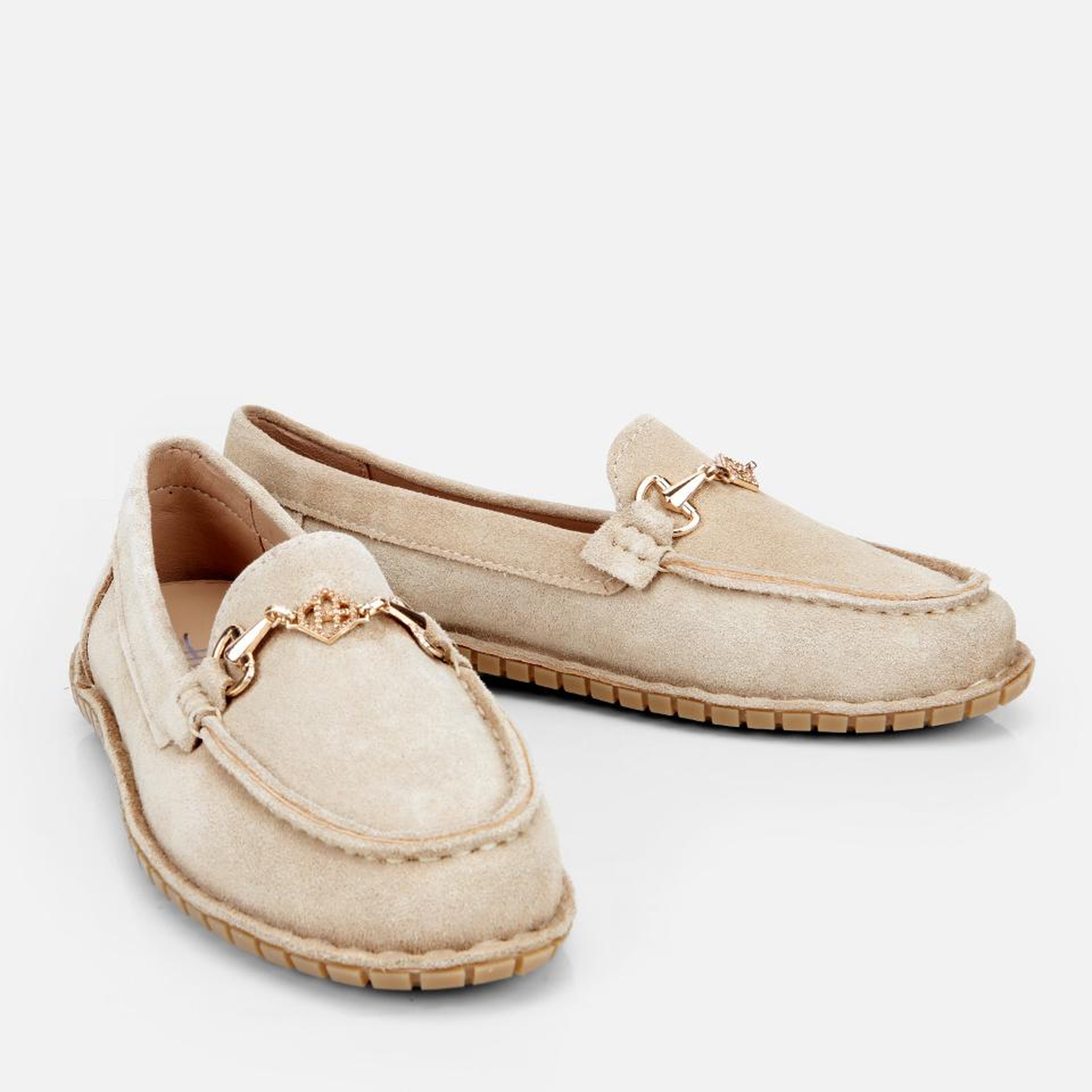 Kadın Süet Deri Bej Esnek Tabanlı Tokalı Günlük Loafer