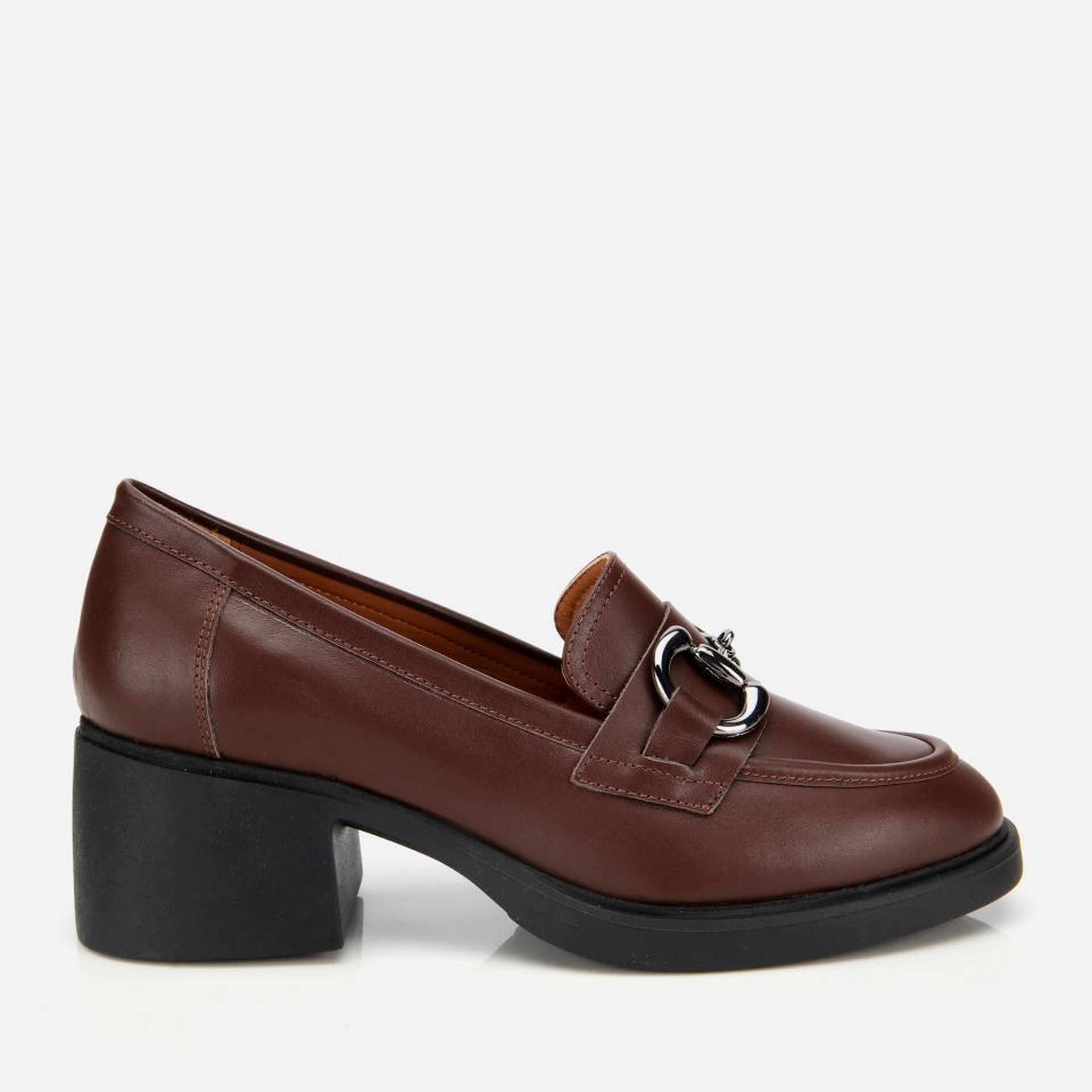 Kadın Deri Kahverengi Tokalı Yüksek Topuklu Klasik Loafer
