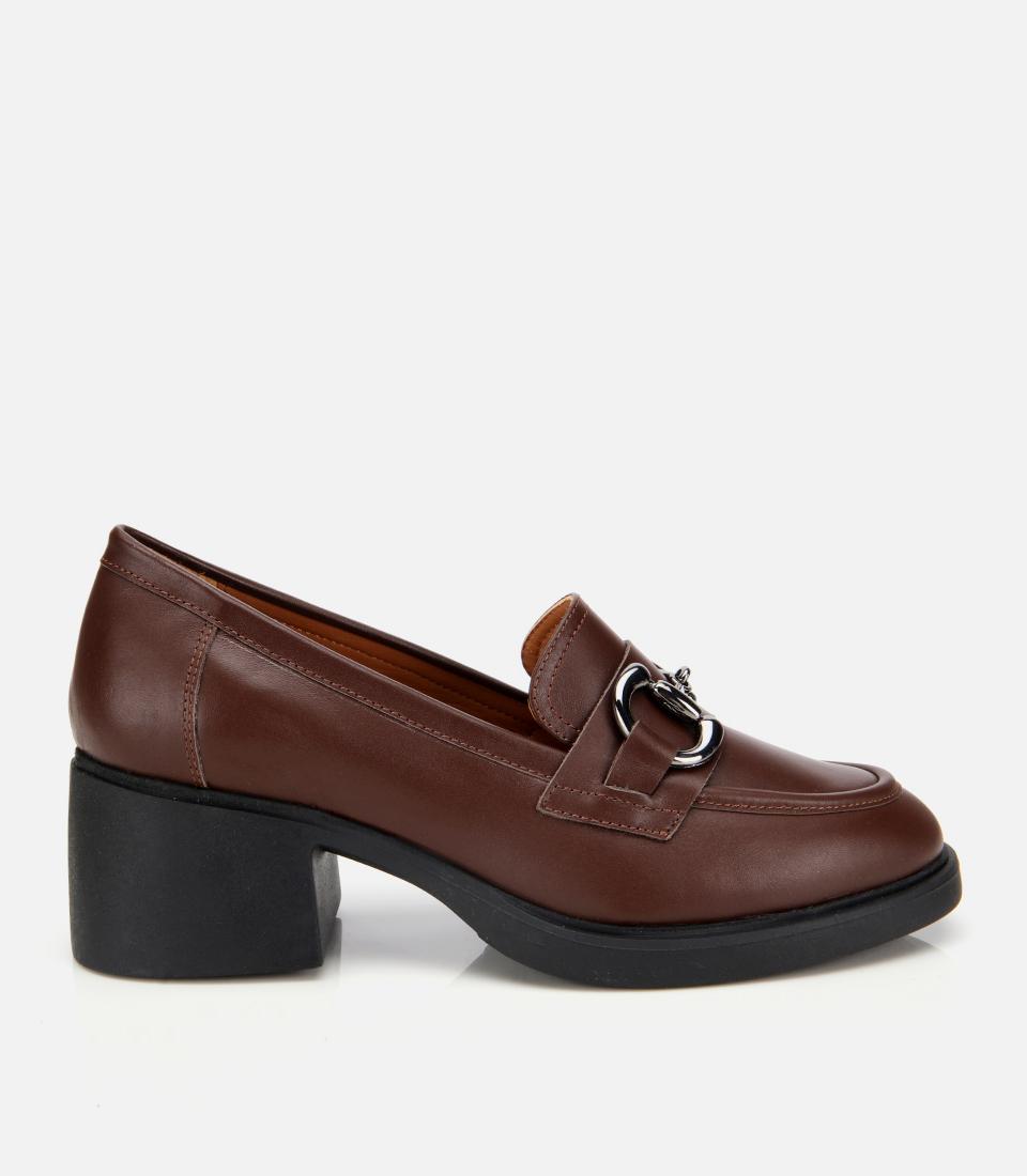 Kadın Deri Kahverengi Tokalı Yüksek Topuklu Klasik Loafer
