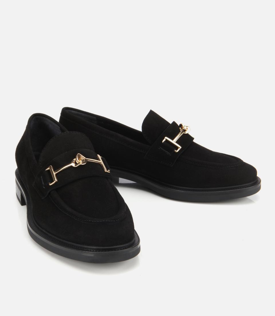 Kadın Süet Deri Siyah Tokalı Klasik Loafer