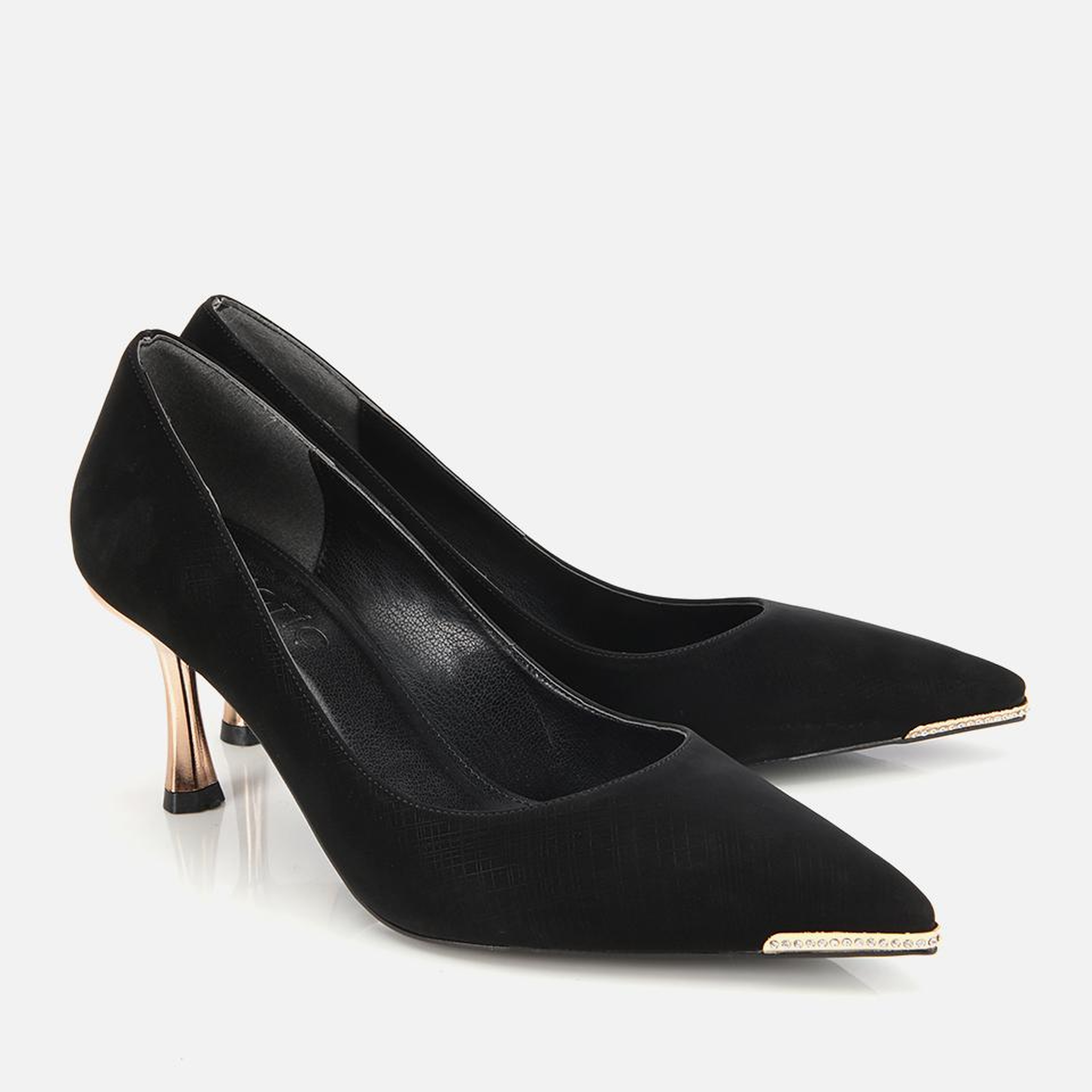 Kadın Saten Siyah Gold Detaylı İnce Topuklu Stiletto