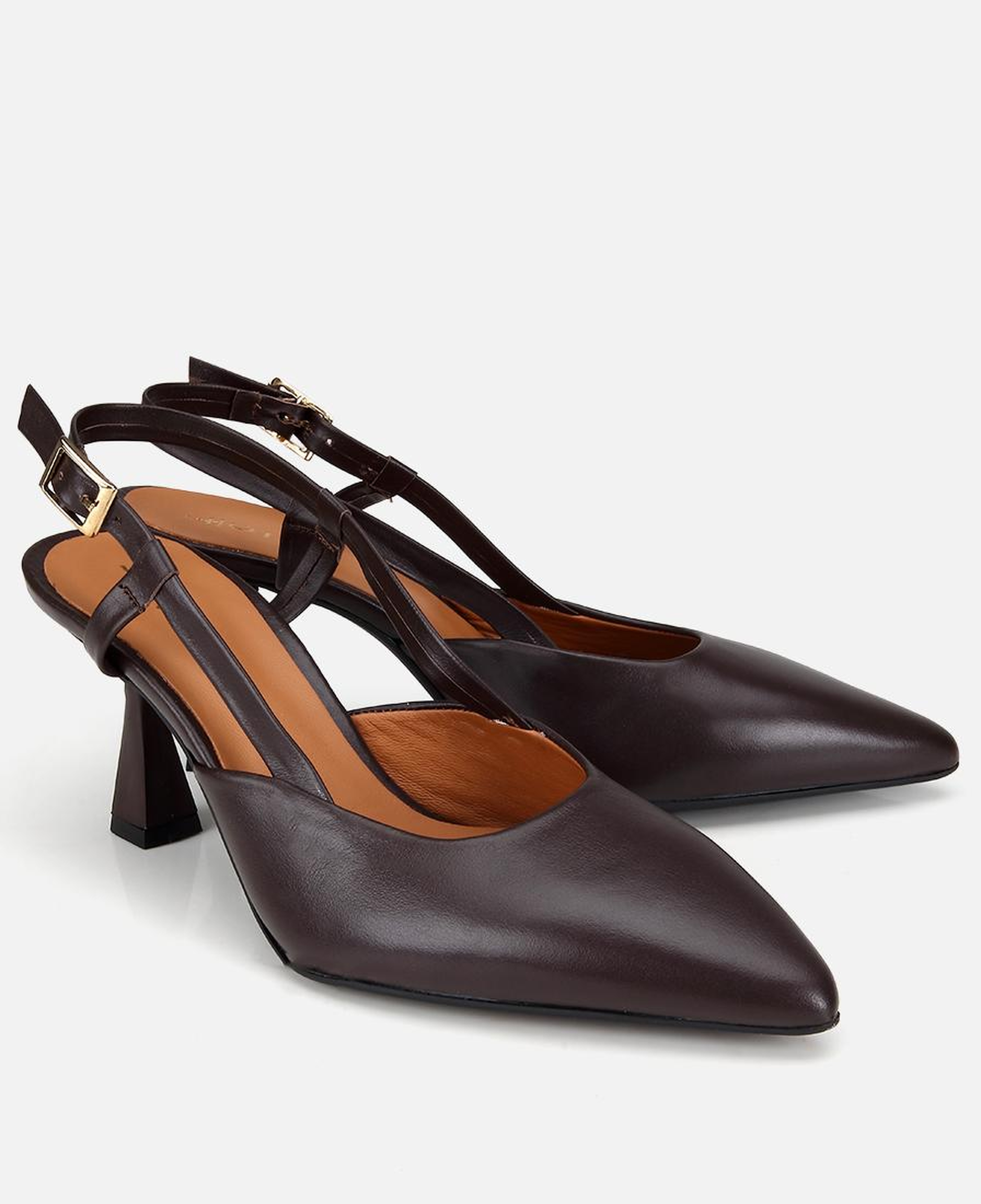 Kadın Deri Kahverengi Bantlı Arkası Açık Kısa Topuklu Stiletto
