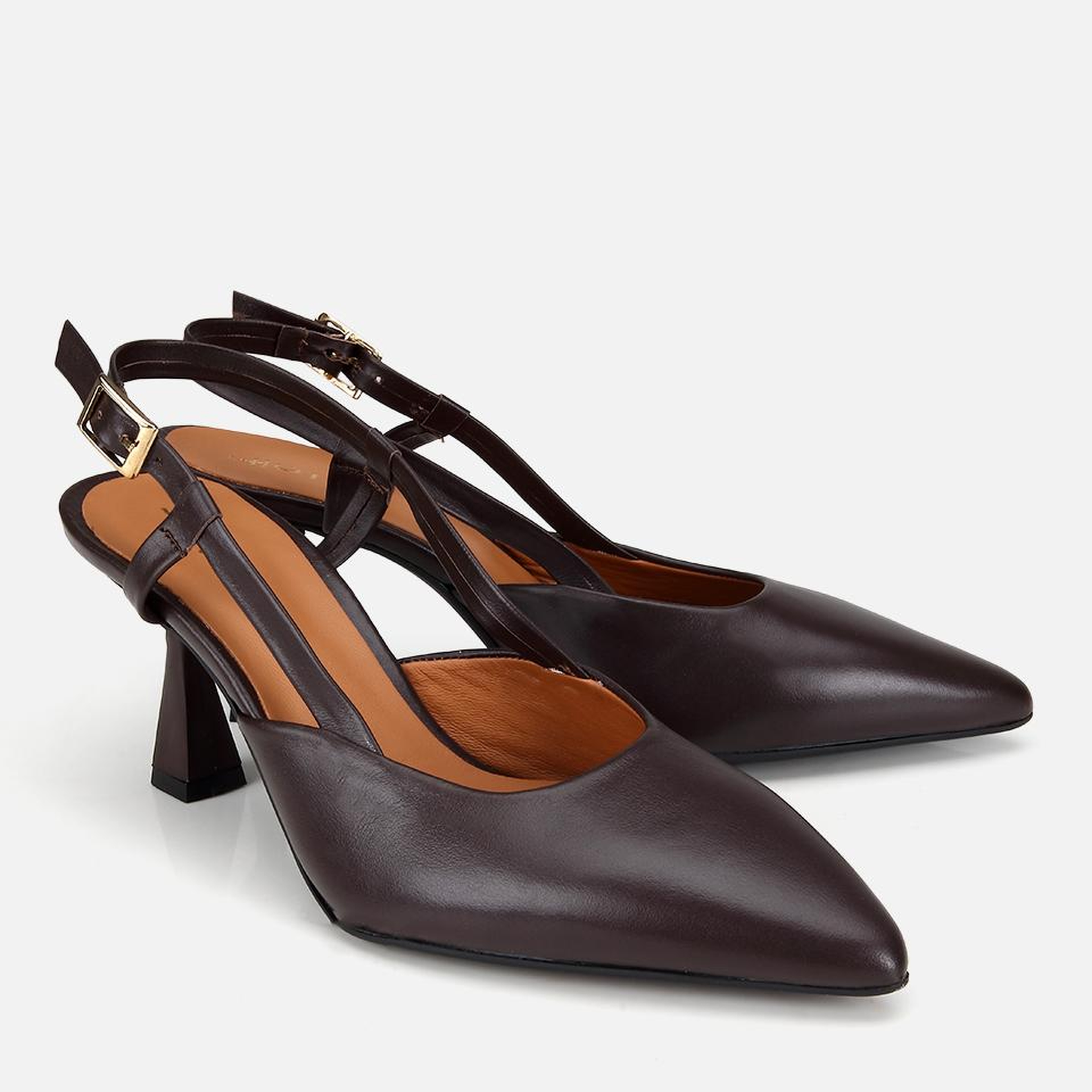 Kadın Deri Kahverengi Bantlı Arkası Açık Kısa Topuklu Stiletto