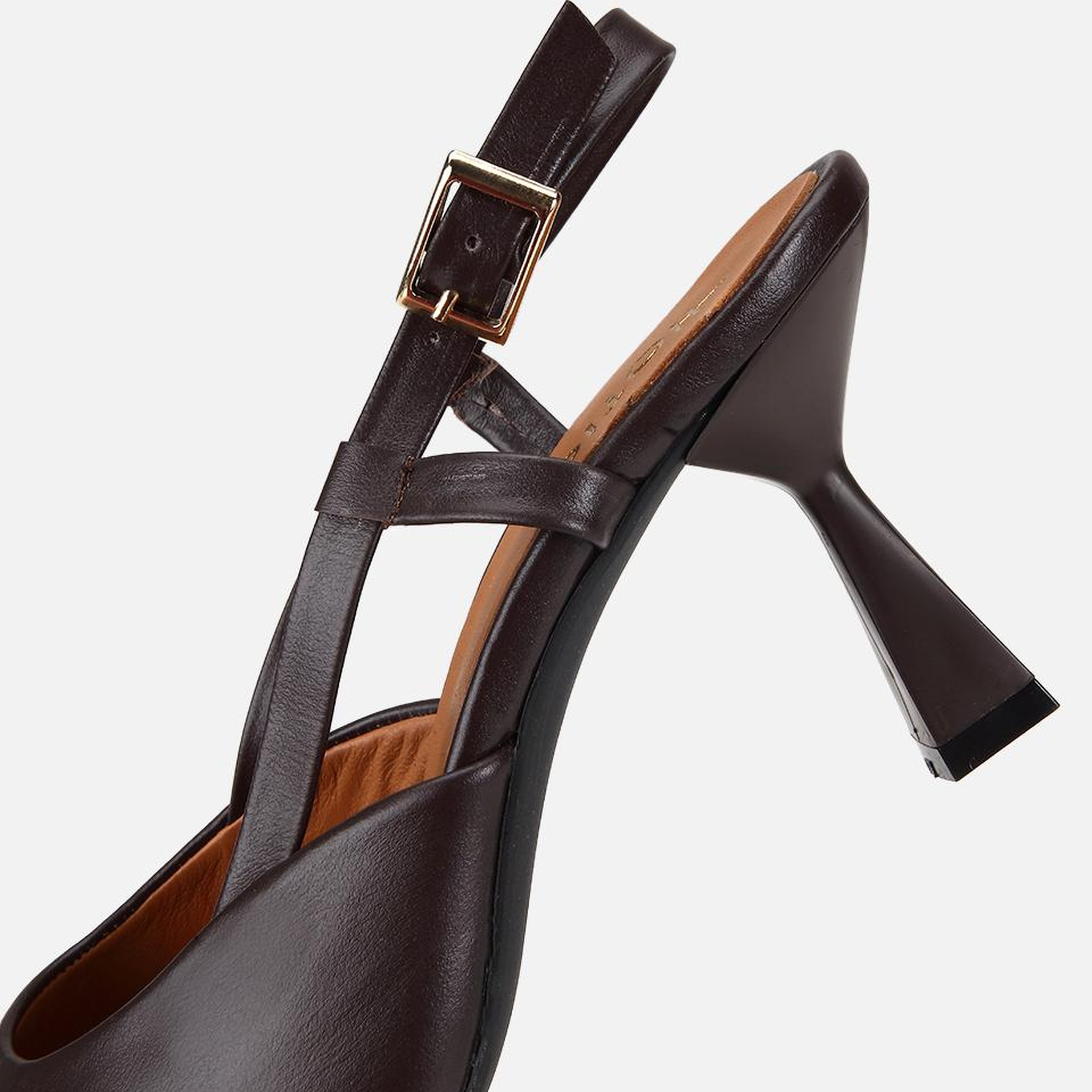 Kadın Deri Kahverengi Bantlı Arkası Açık Kısa Topuklu Stiletto