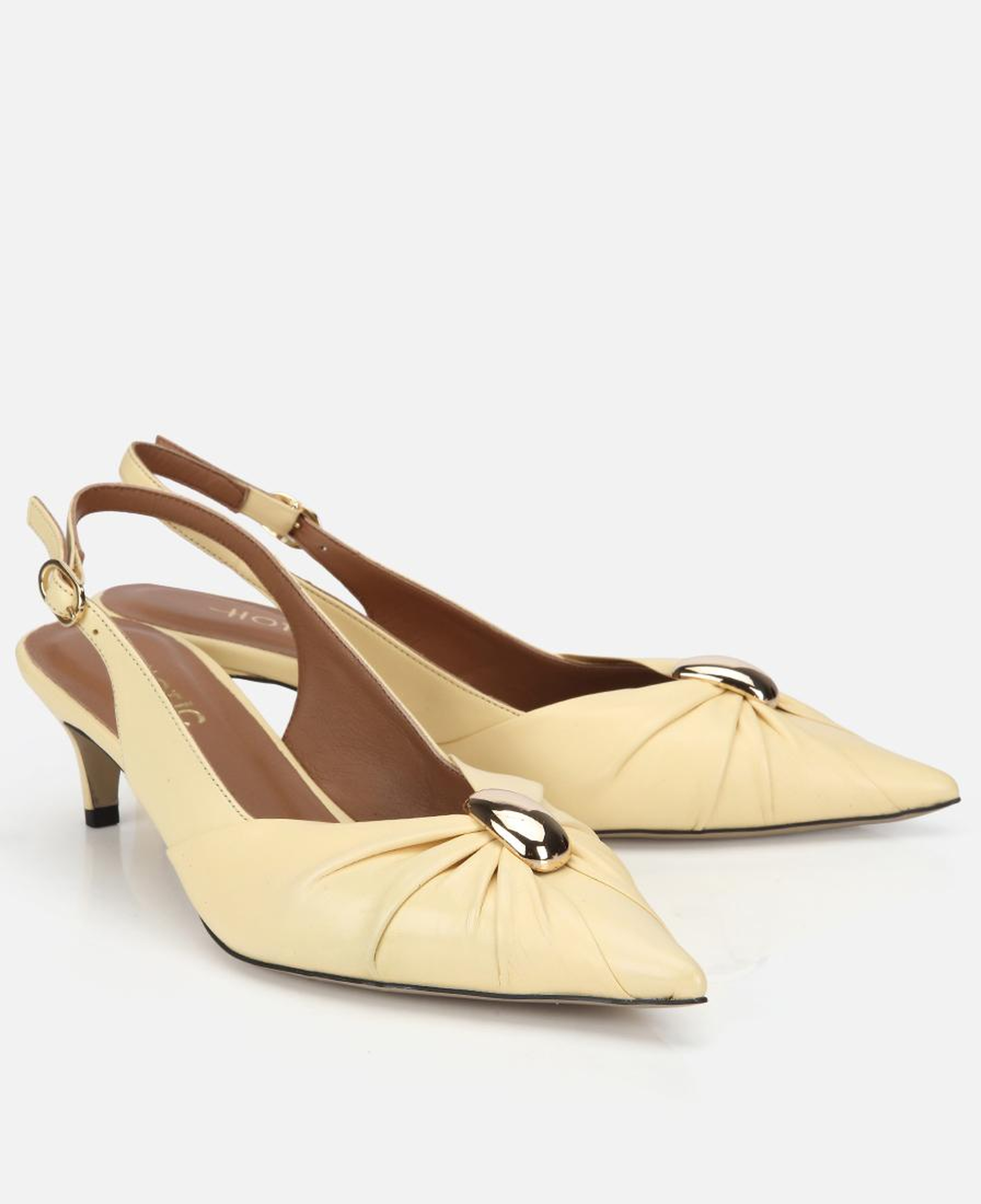 Kadın Deri Sarı Gold Tokalı Arkası Açık Kısa Topuklu Stiletto