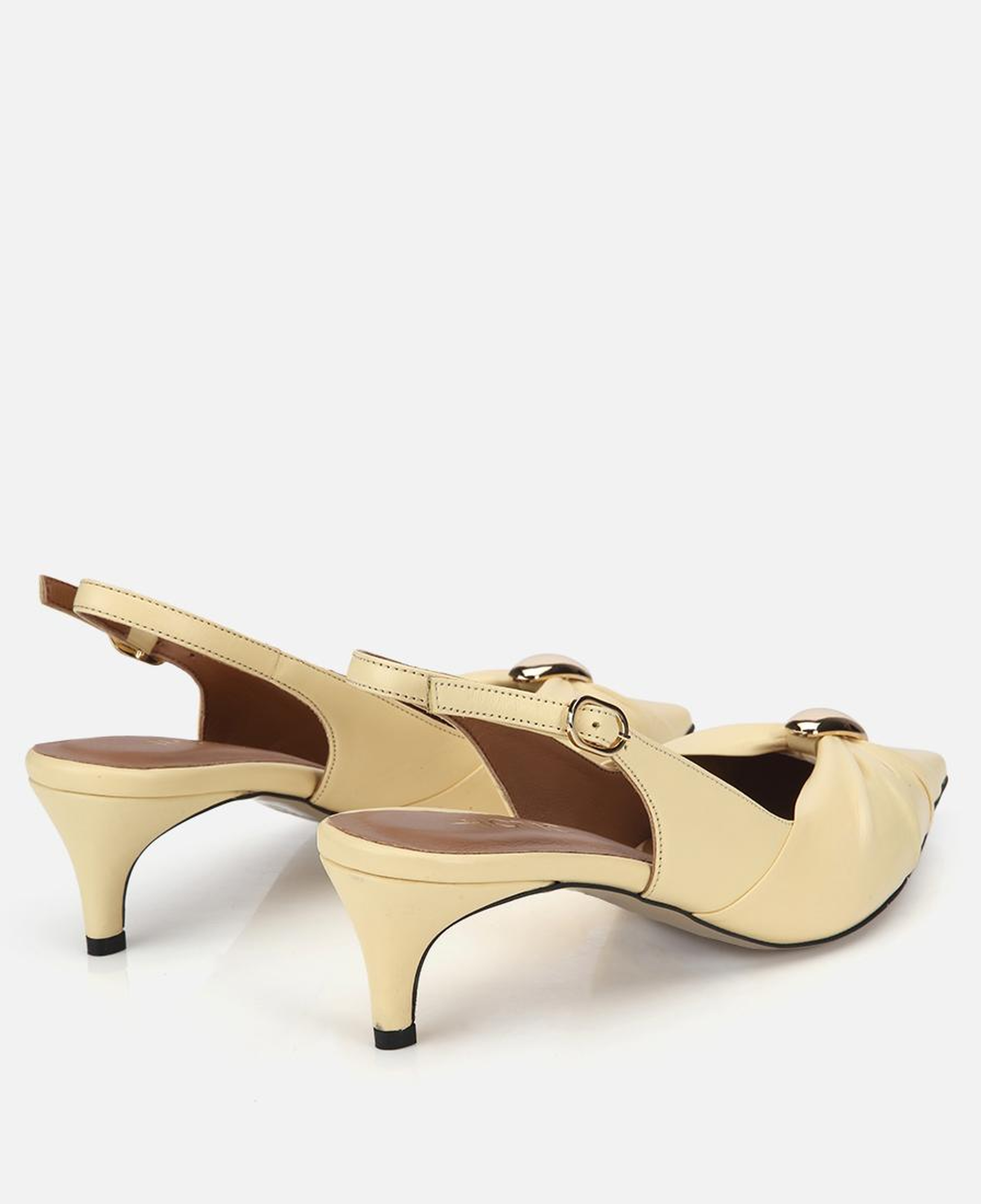 Kadın Deri Sarı Gold Tokalı Arkası Açık Kısa Topuklu Stiletto