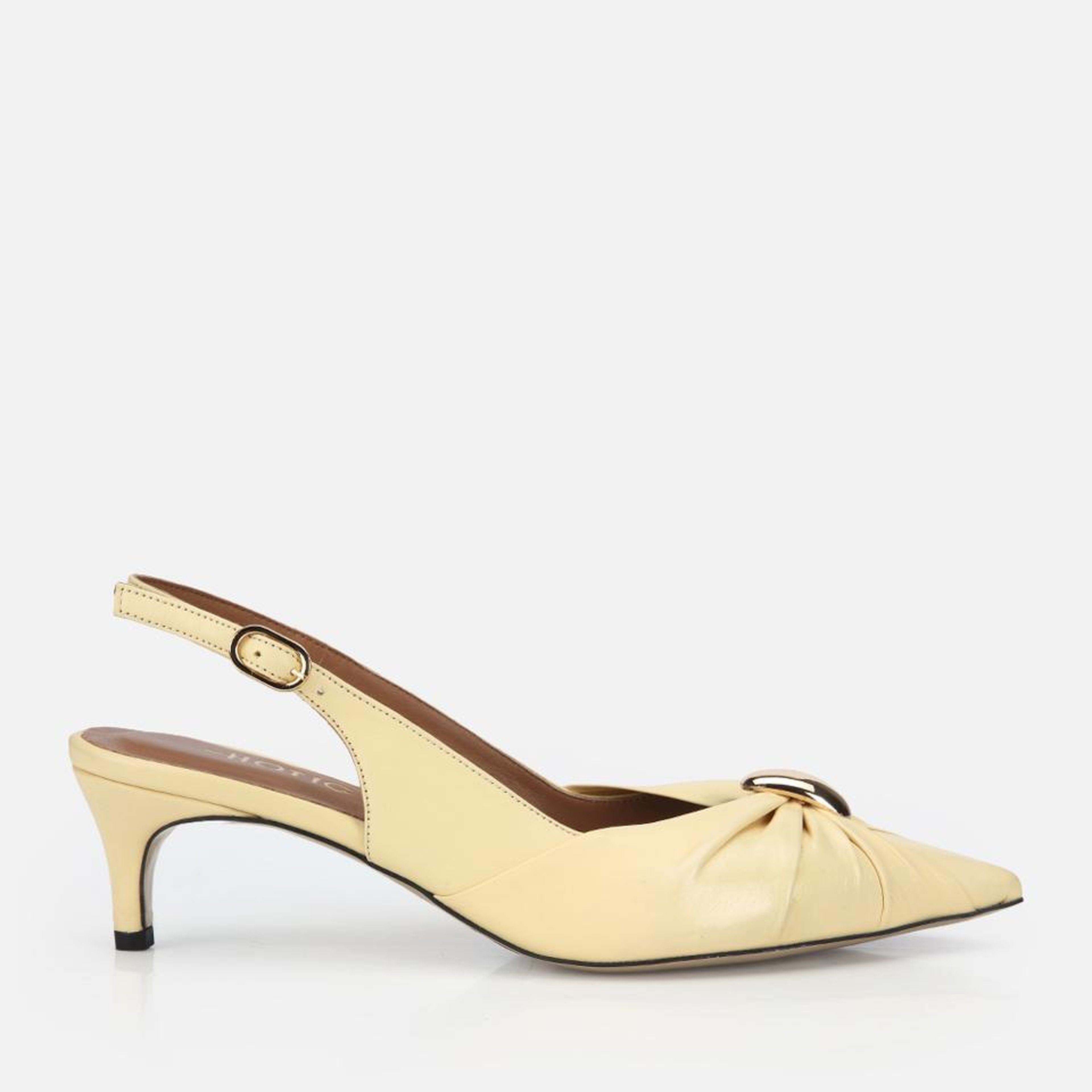 Kadın Deri Sarı Gold Tokalı Arkası Açık Kısa Topuklu Stiletto
