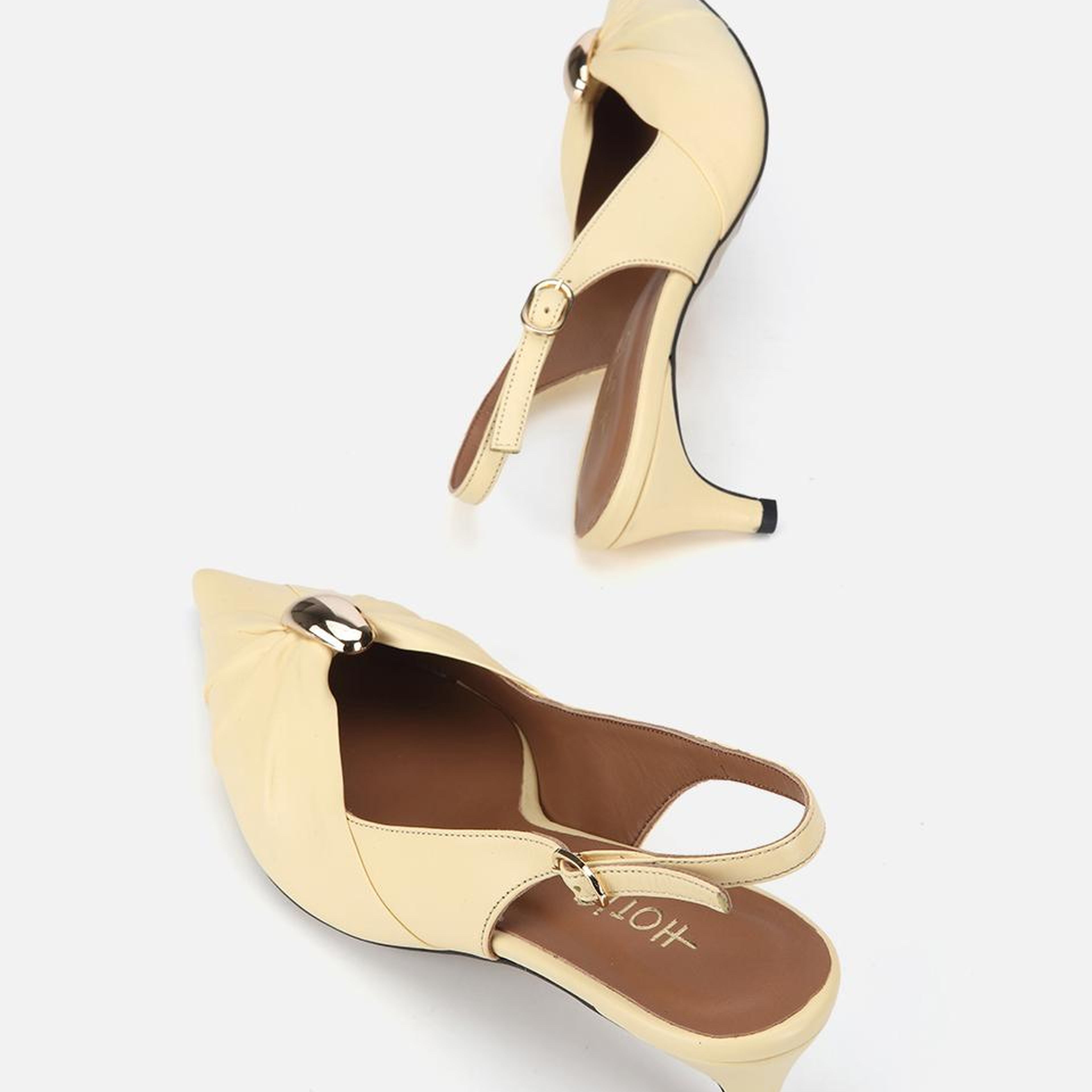 Kadın Deri Sarı Gold Tokalı Arkası Açık Kısa Topuklu Stiletto