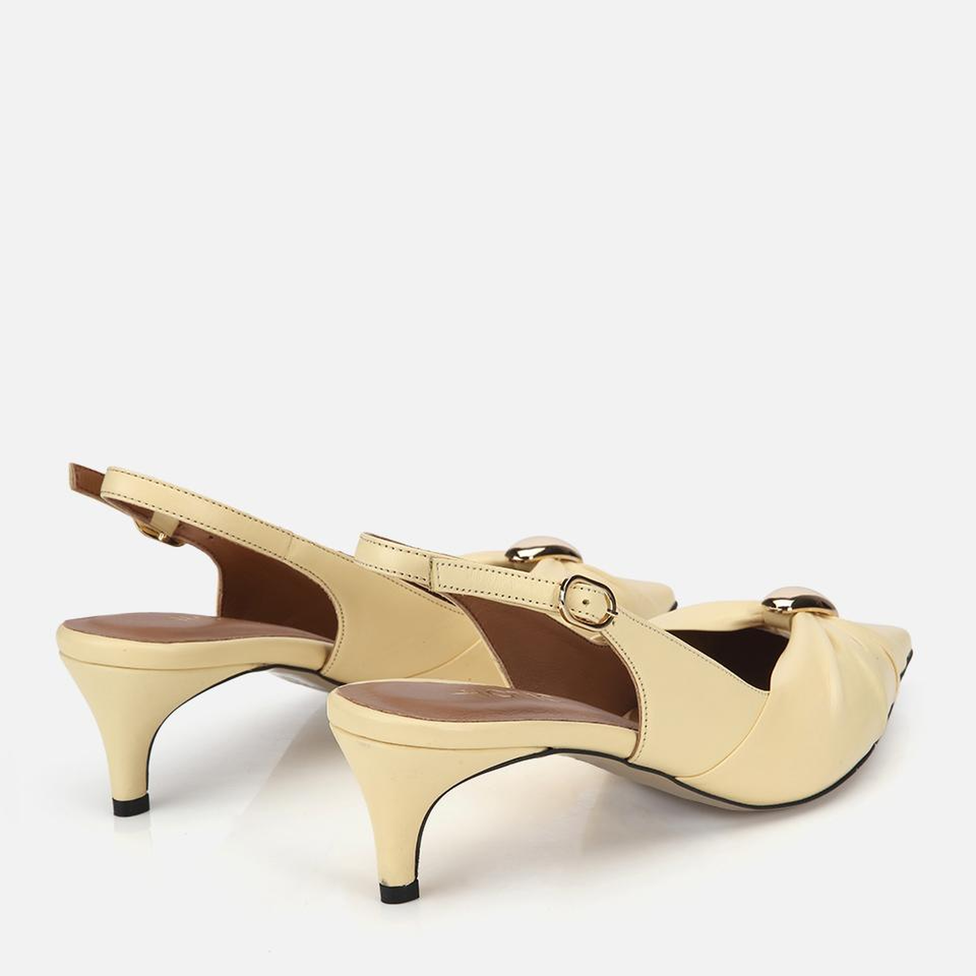 Kadın Deri Sarı Gold Tokalı Arkası Açık Kısa Topuklu Stiletto
