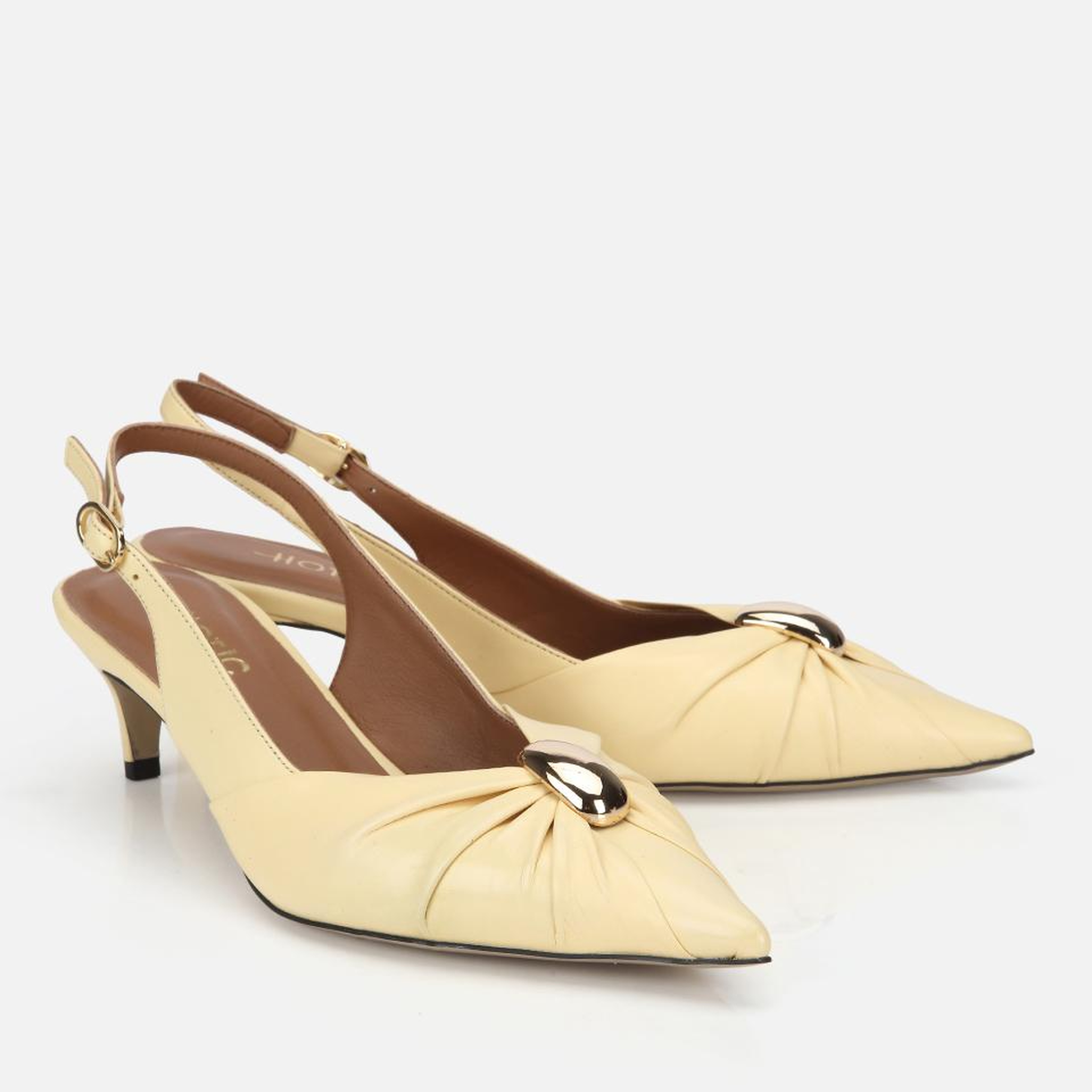 Kadın Deri Sarı Gold Tokalı Arkası Açık Kısa Topuklu Stiletto