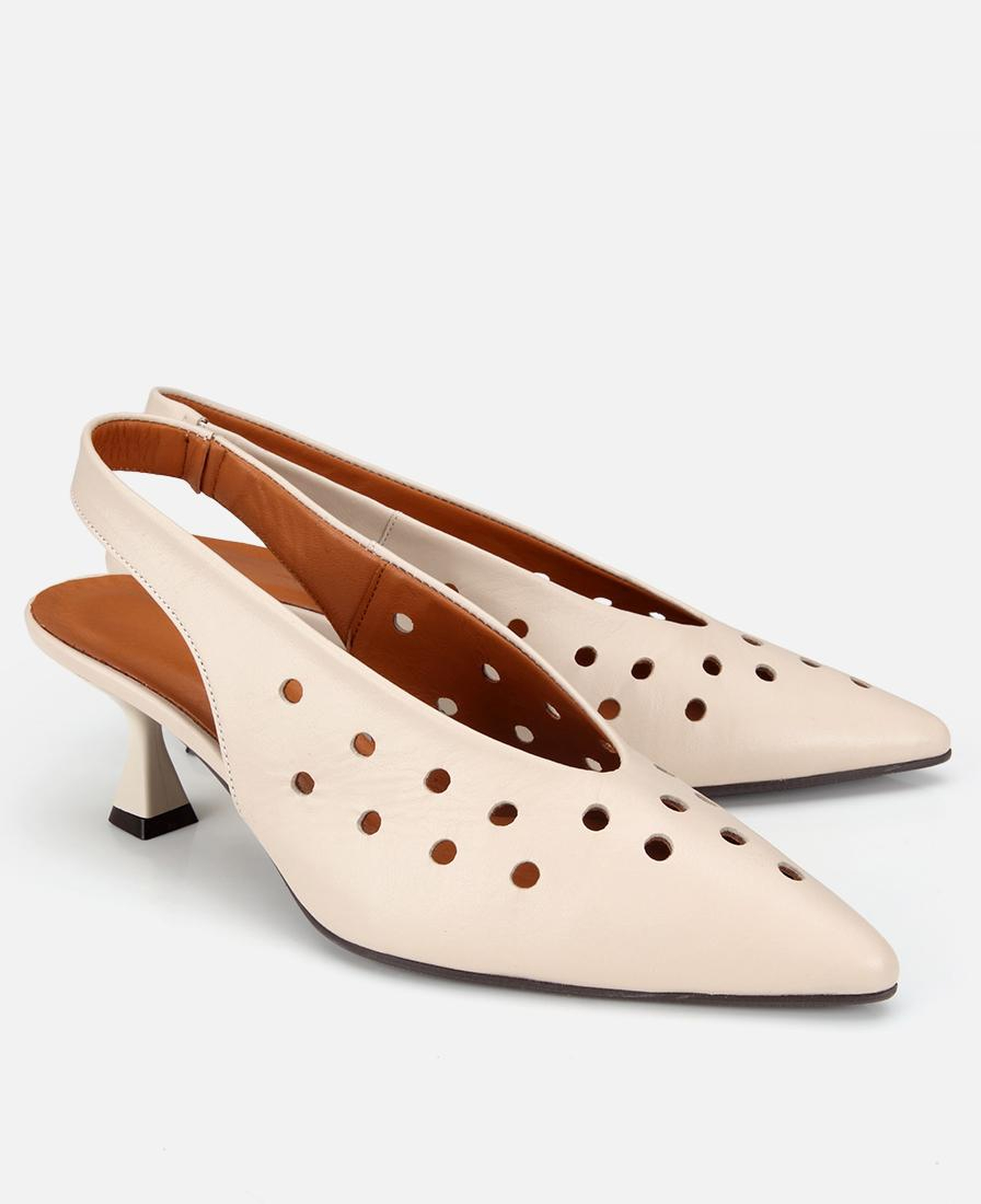 Kadın Deri Ekru Delikli Arkası Açık Kısa Topuklu Stiletto
