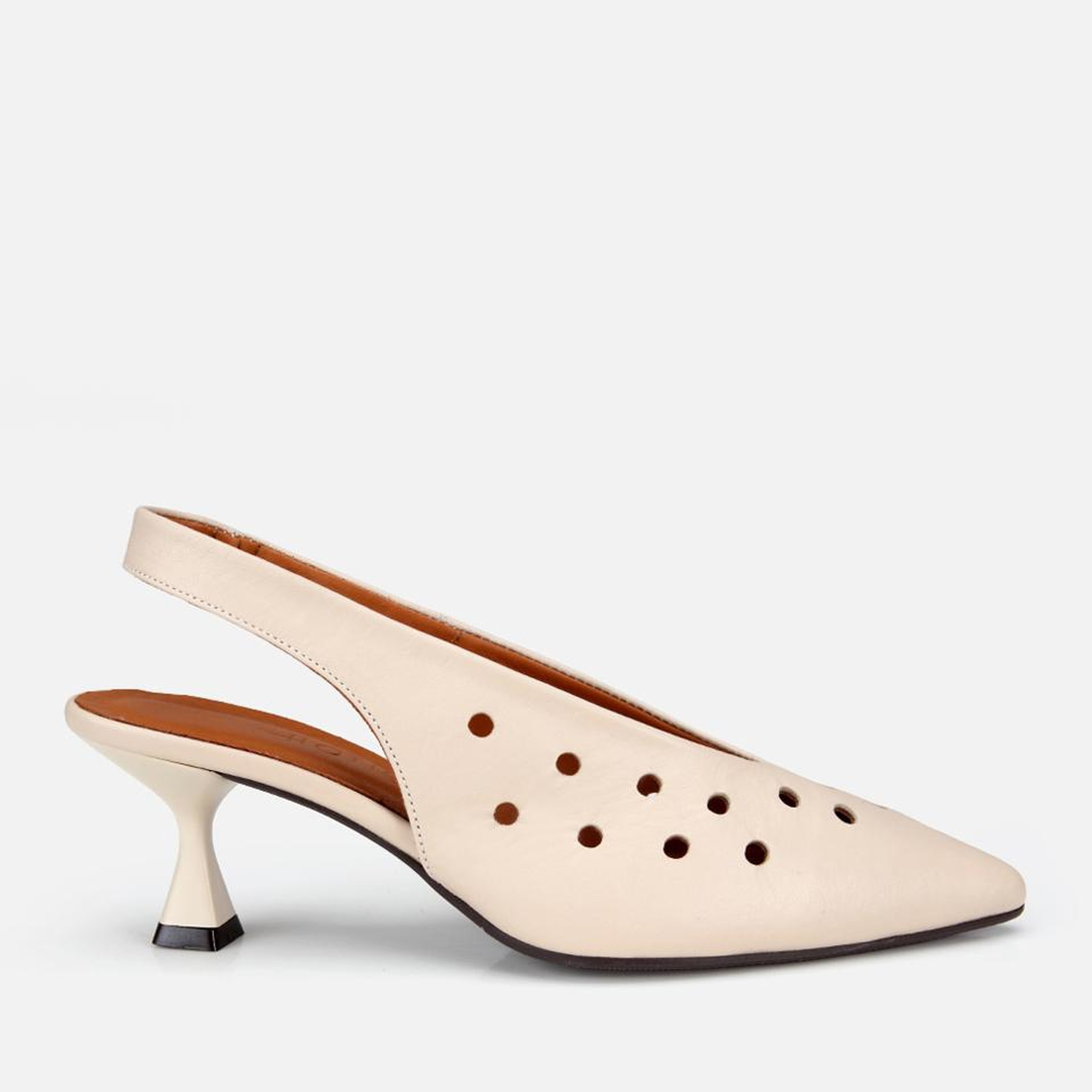 Kadın Deri Ekru Delikli Arkası Açık Kısa Topuklu Stiletto
