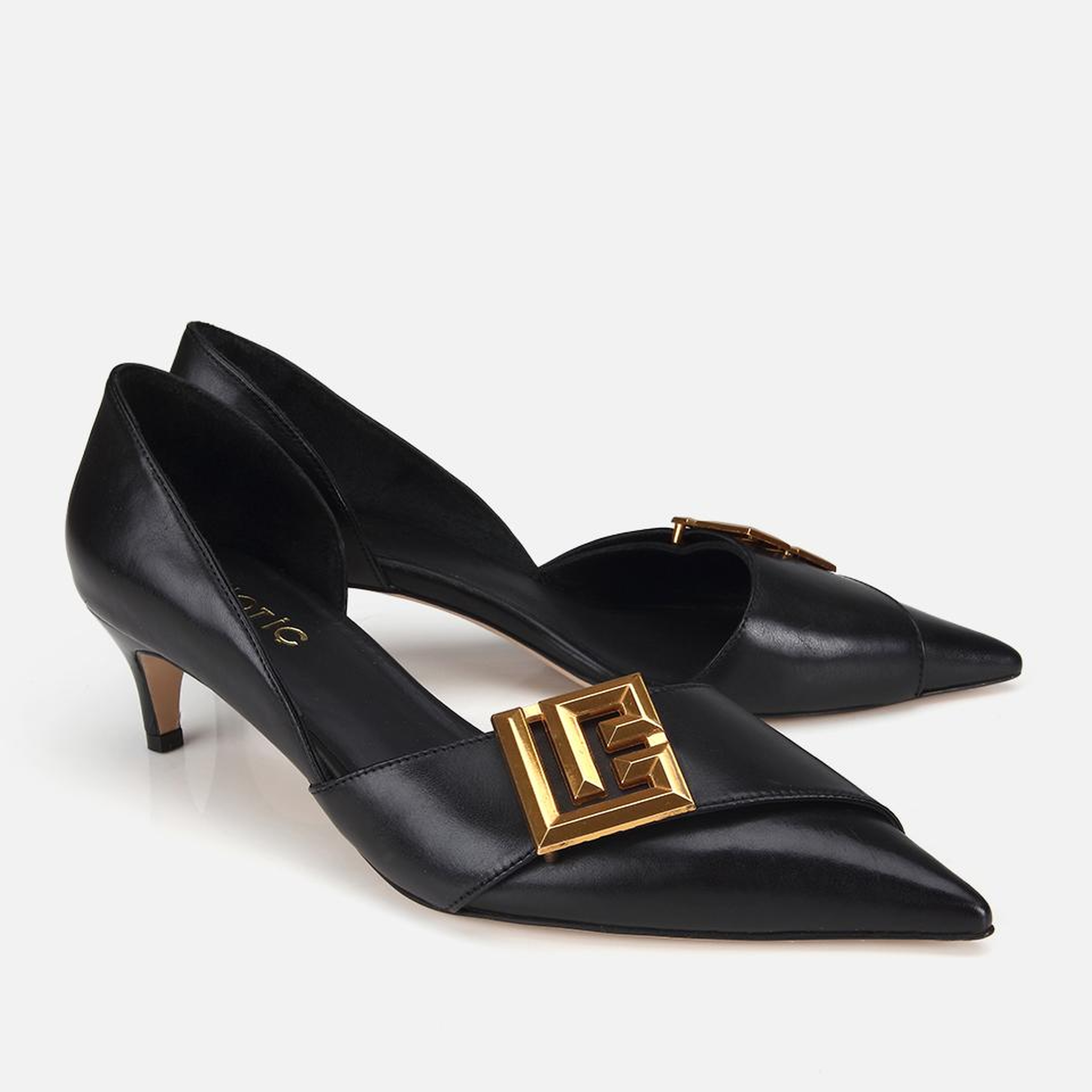Kadın Siyah Deri Gold Tokalı Kısa Topuklu Stiletto