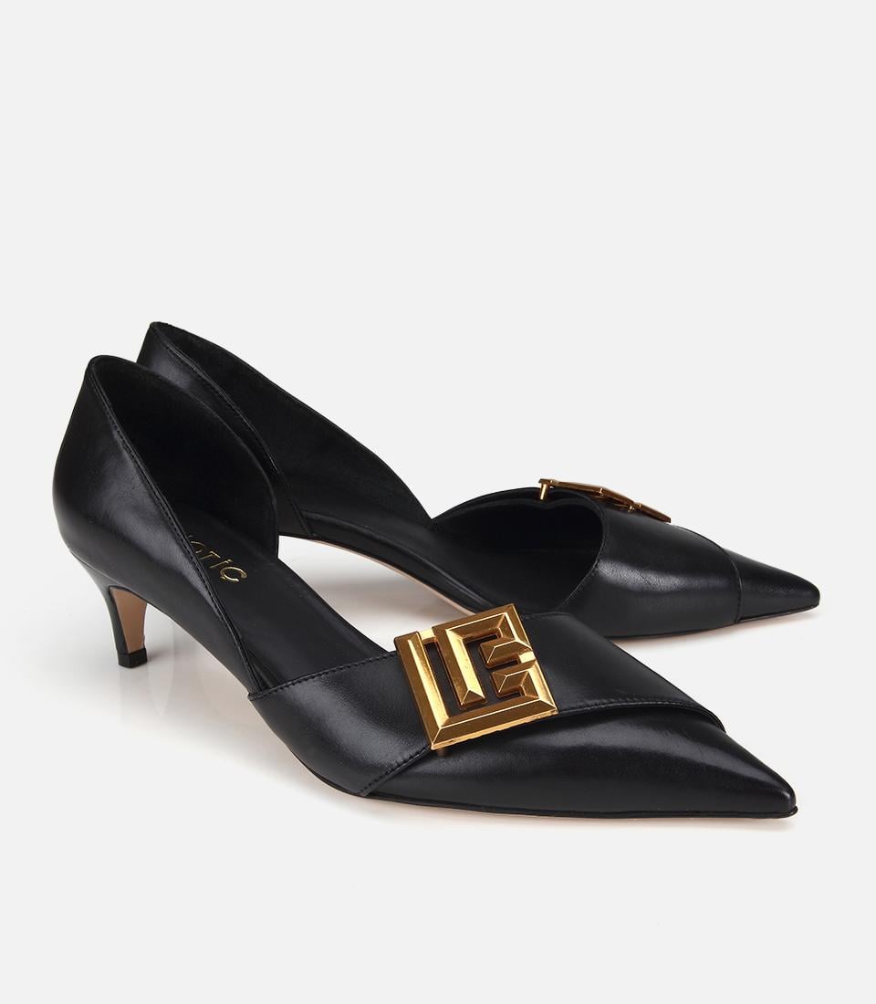 Kadın Siyah Deri Gold Tokalı Kısa Topuklu Stiletto