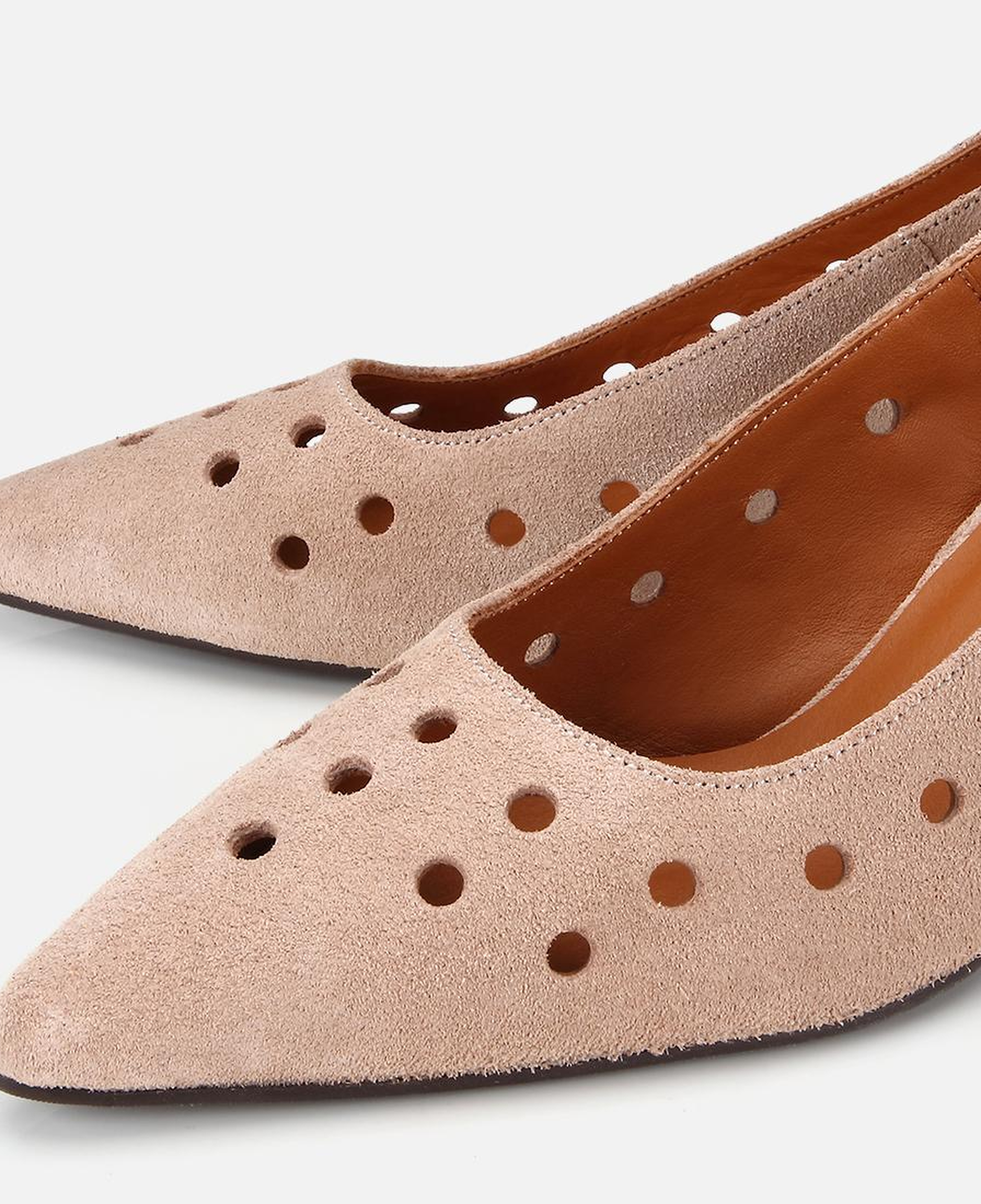 Kadın Süet Deri Bej Delikli Arkası Açık Kısa Topuklu Stiletto