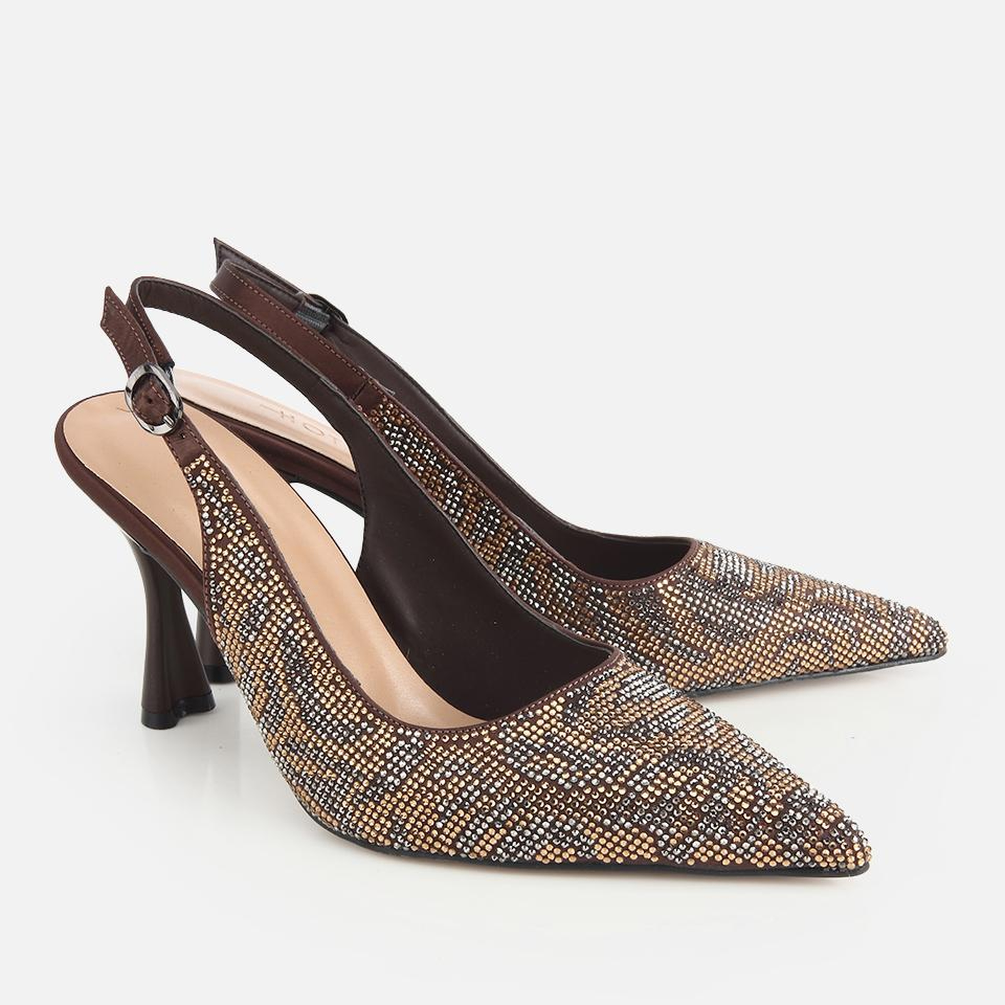 Kadın Kahverengi Arkası Açık Taşlı Stiletto
