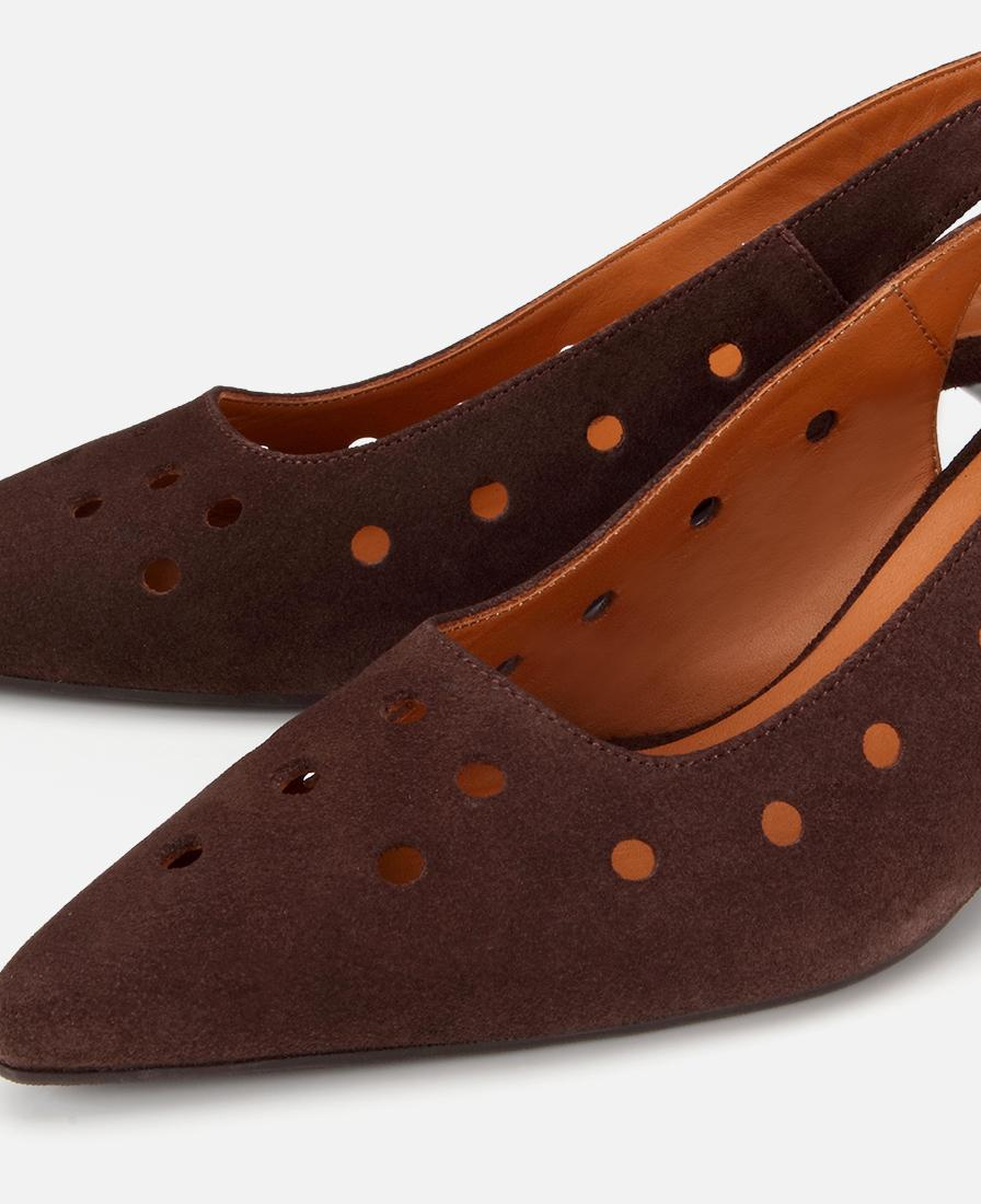 Kadın Süet Deri Kahverengi Delikli Arkası Açık Kısa Topuklu Stiletto