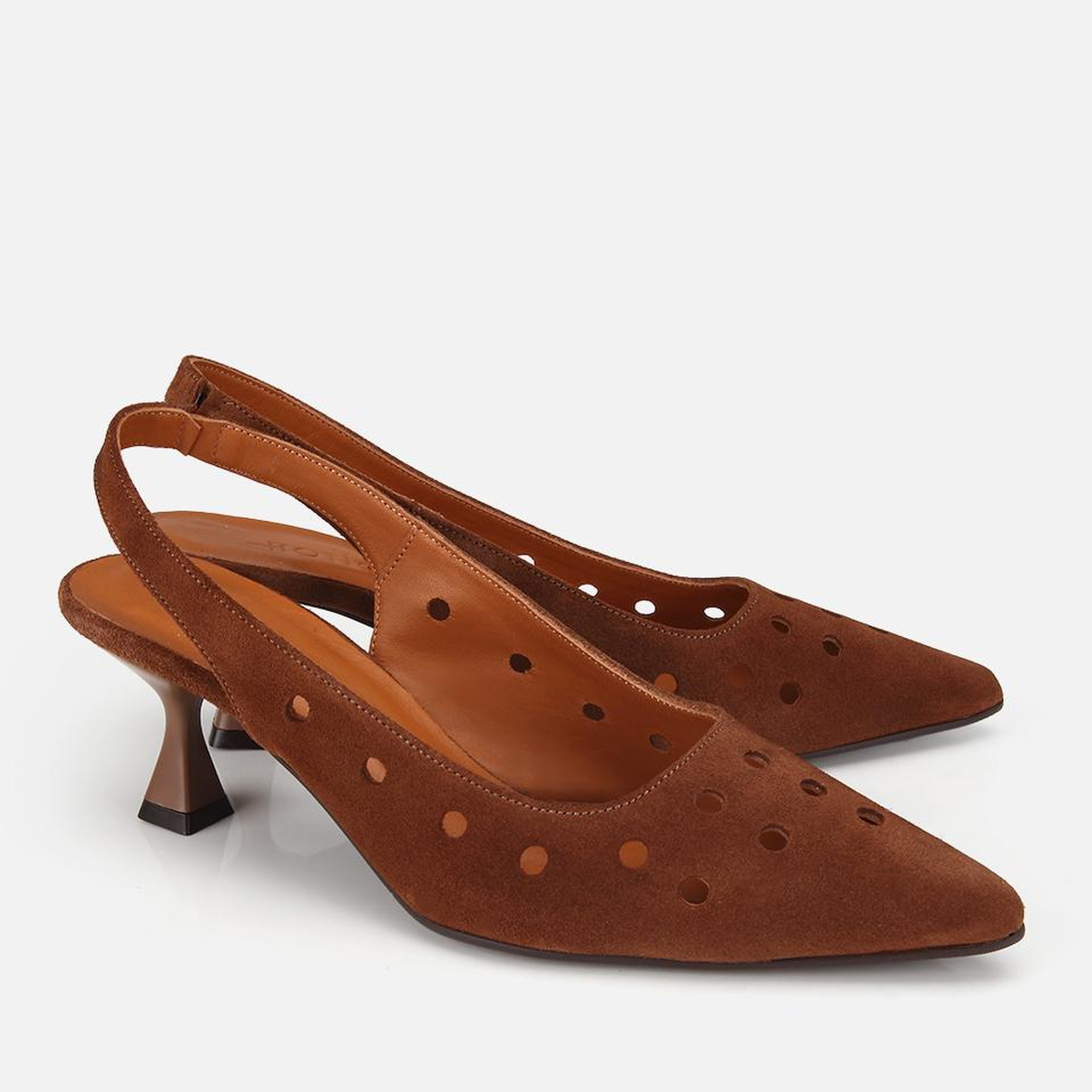 Kadın Süet Deri Taba Delikli Arkası Açık Kısa Topuklu Stiletto