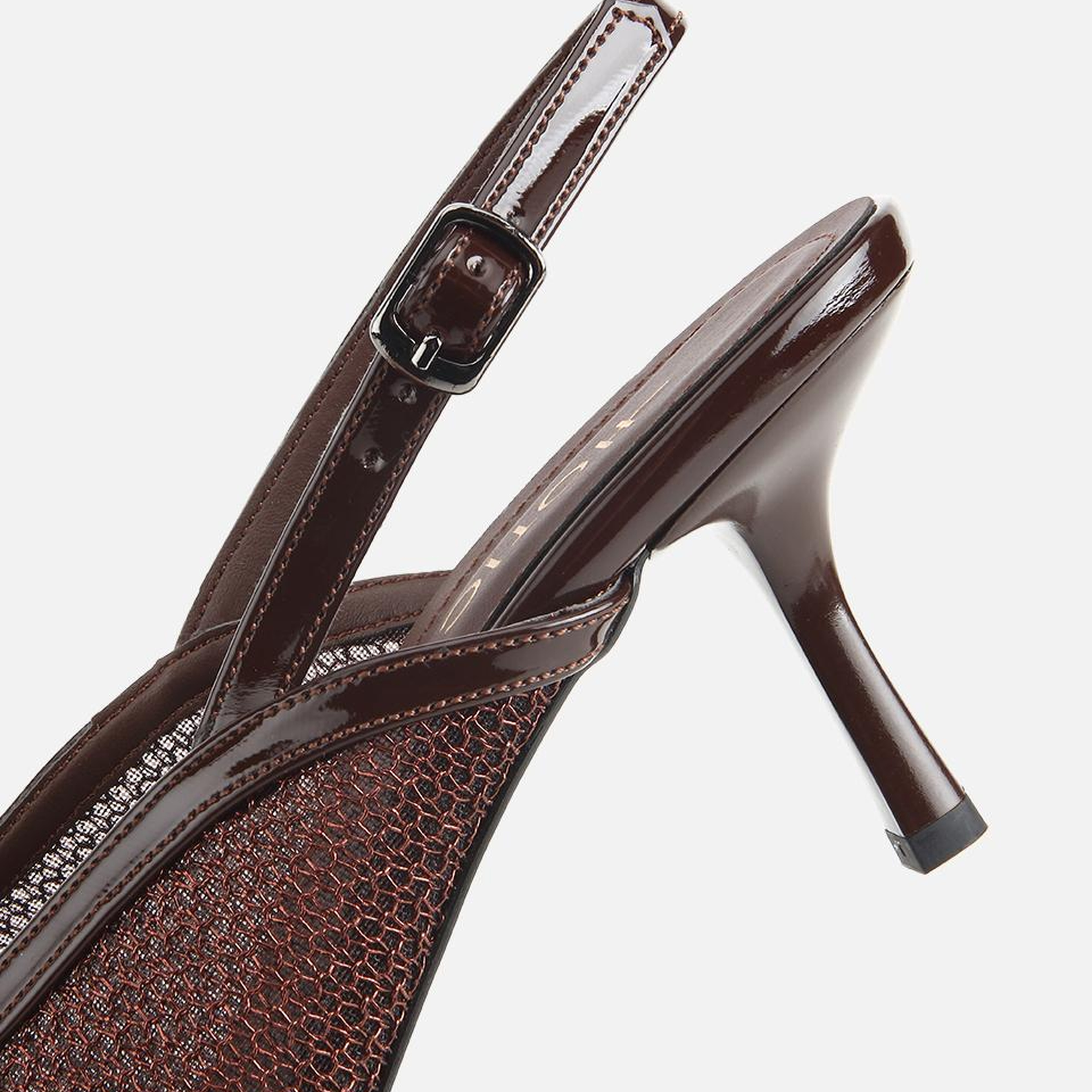 Kadın Kahverengi File Detaylı Kısa Topuklu Stiletto
