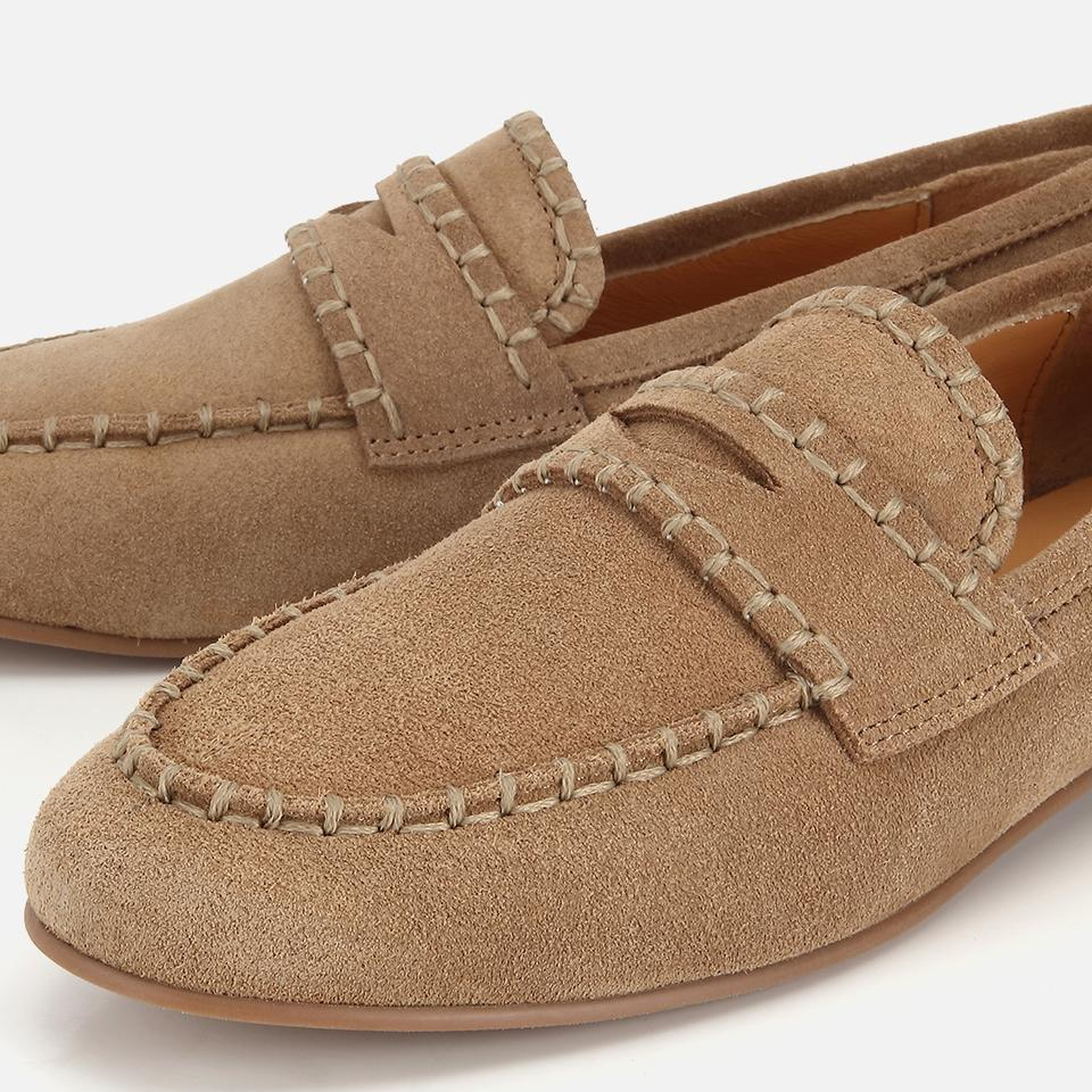 Kadın Süet Deri Bej Dikiş Detaylı Günlük Loafer