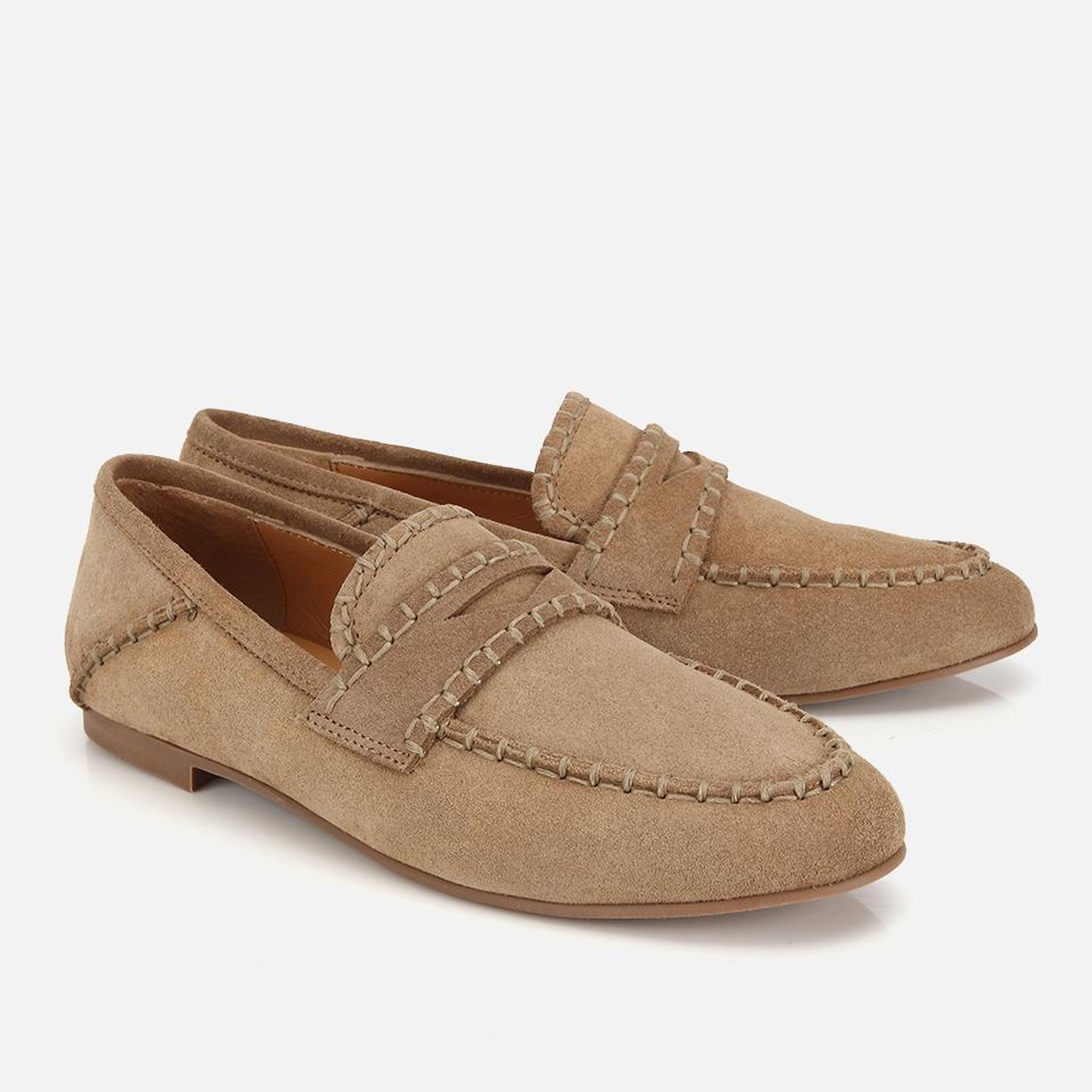 Kadın Süet Deri Bej Dikiş Detaylı Günlük Loafer