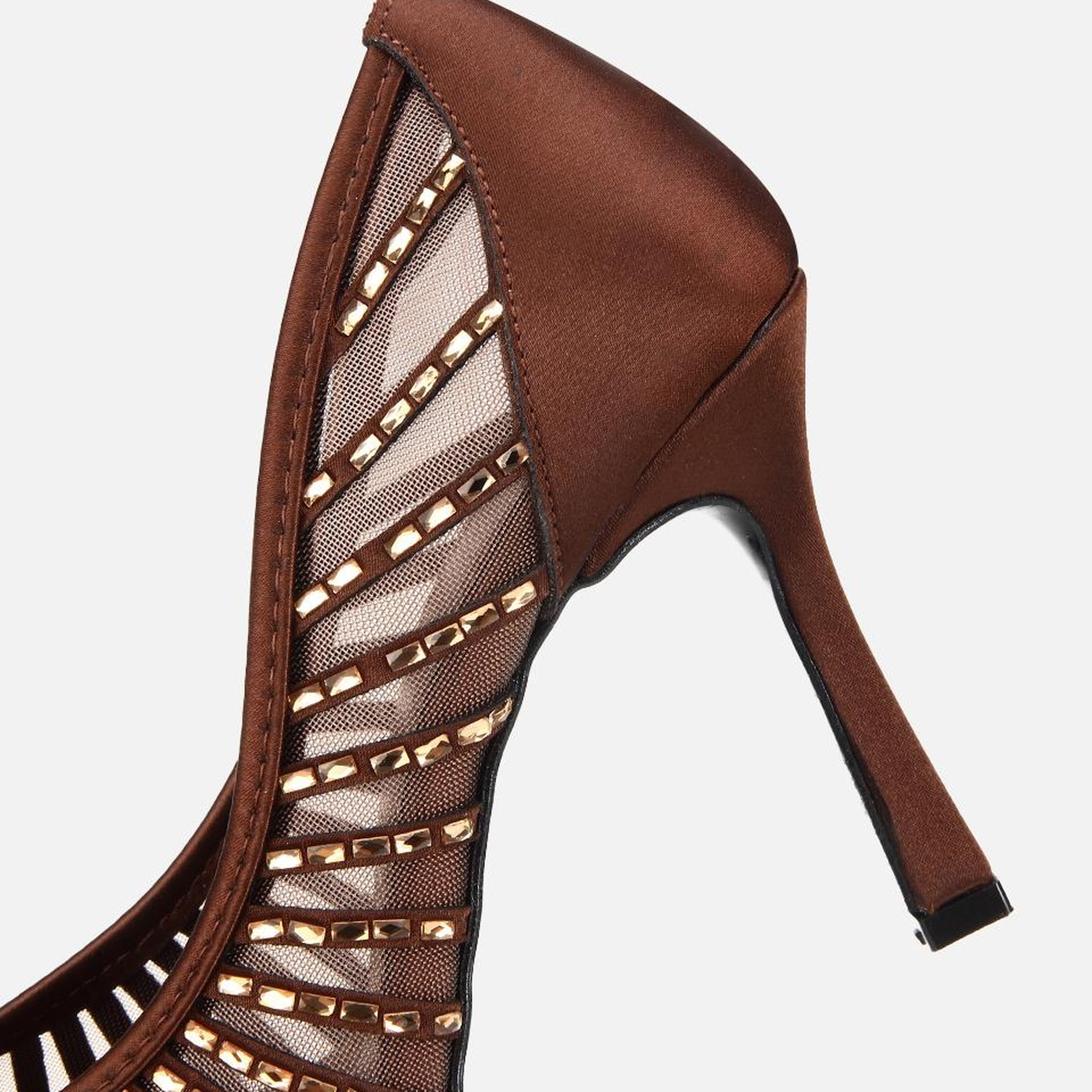 Kadın Kahverengi Tül Detaylı Taşlı Stiletto