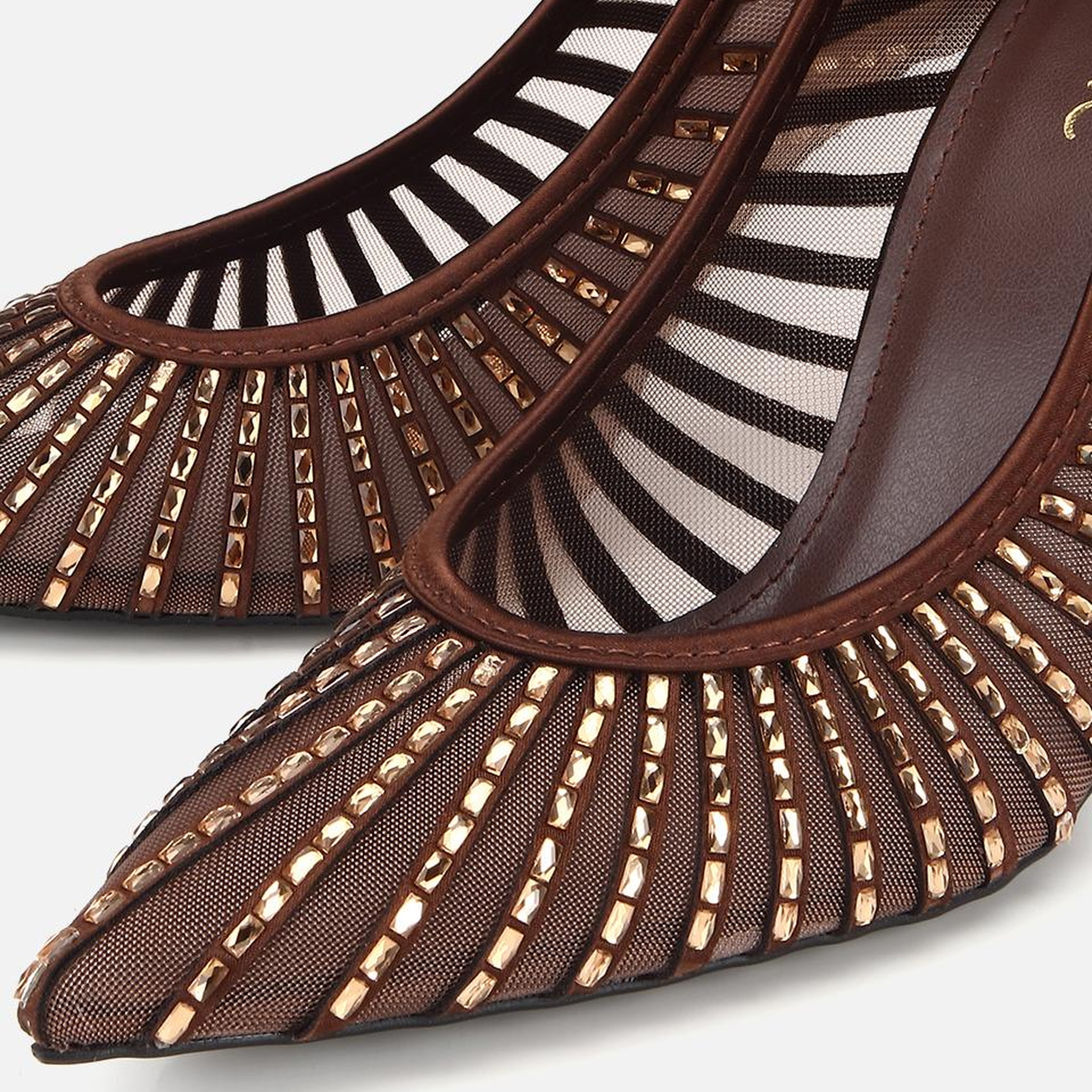 Kadın Kahverengi Tül Detaylı Taşlı Stiletto