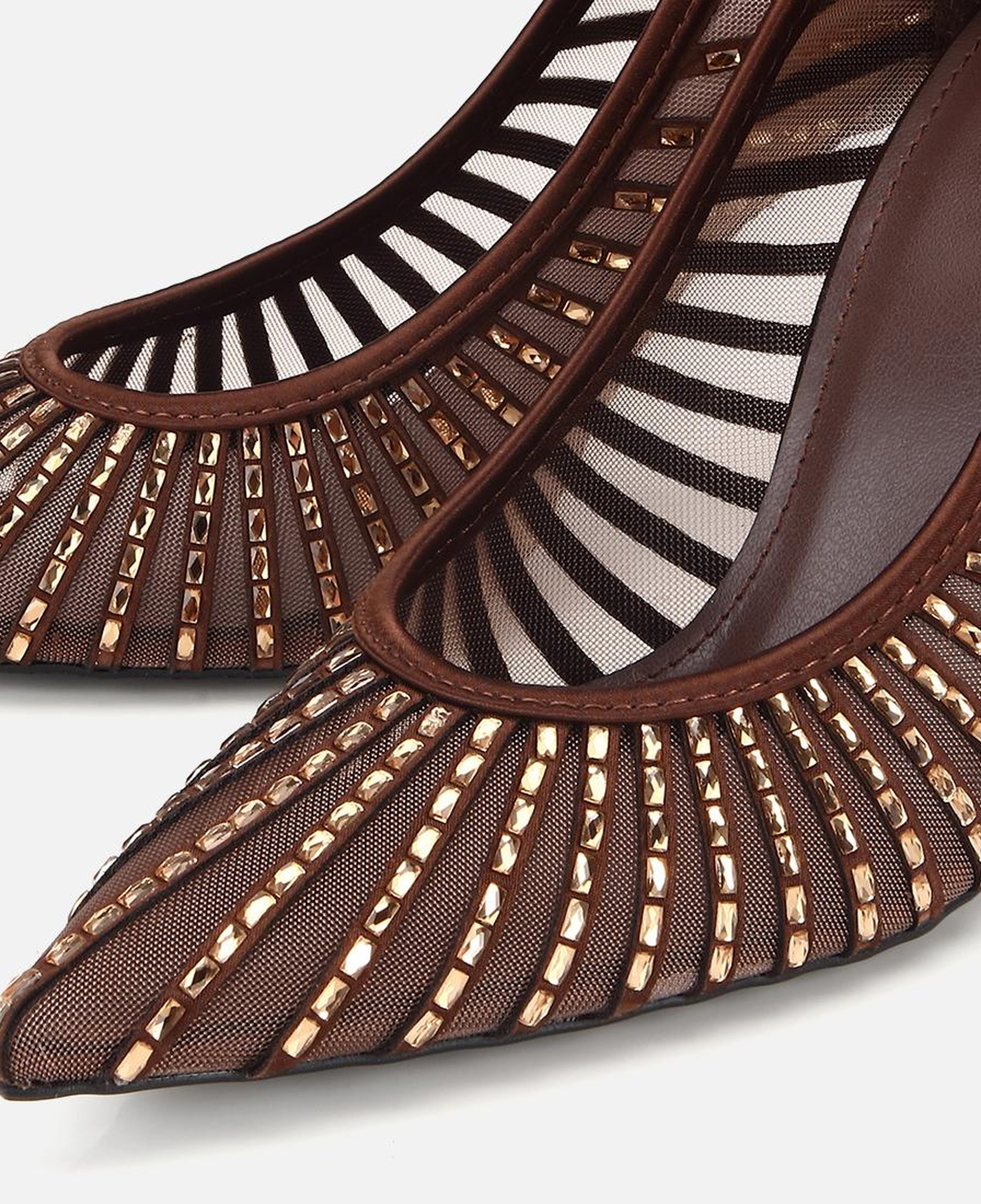 Kadın Kahverengi Tül Detaylı Taşlı Stiletto