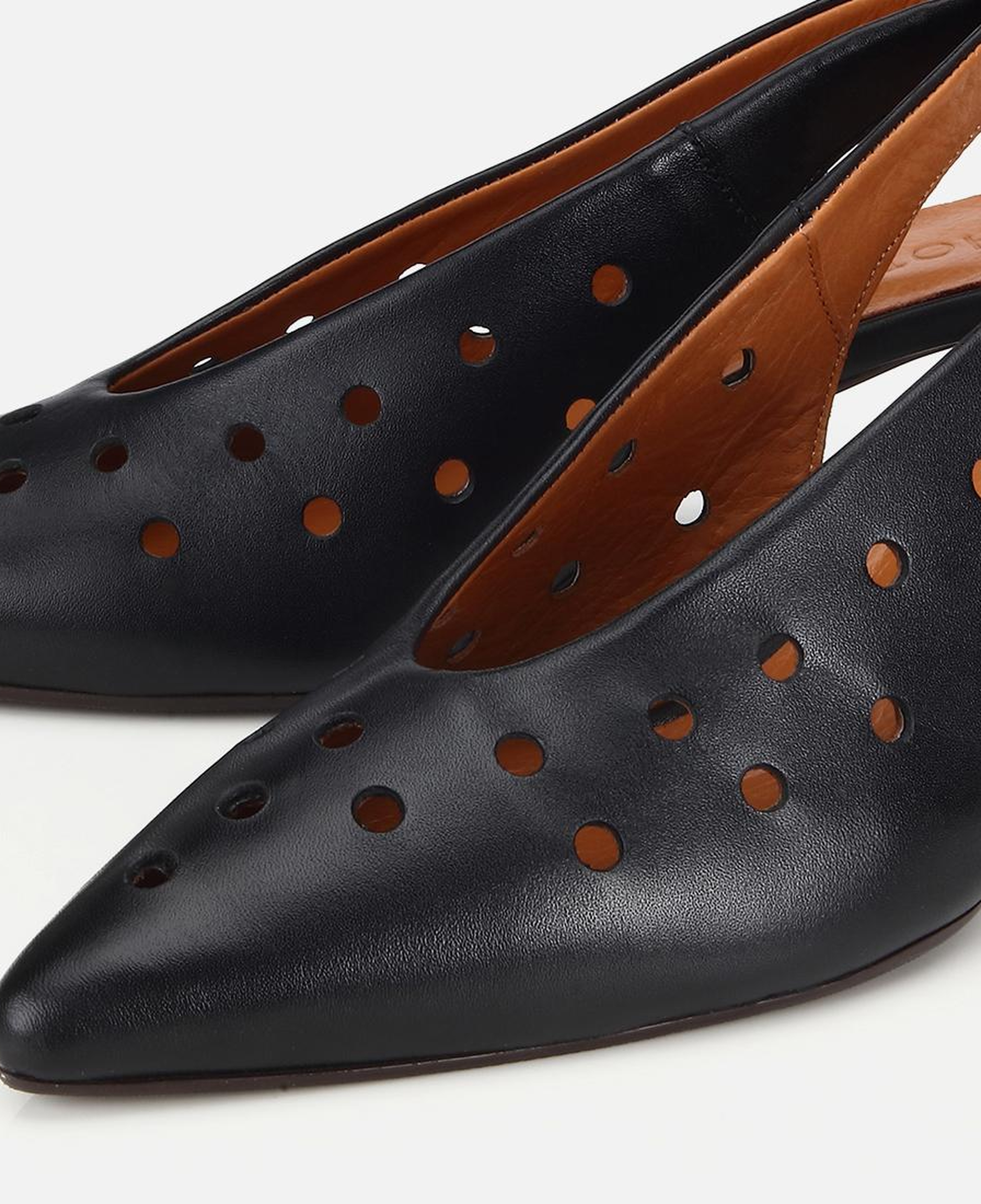 Kadın Deri Siyah Delikli Arkası Açık Kısa Topuklu Stiletto