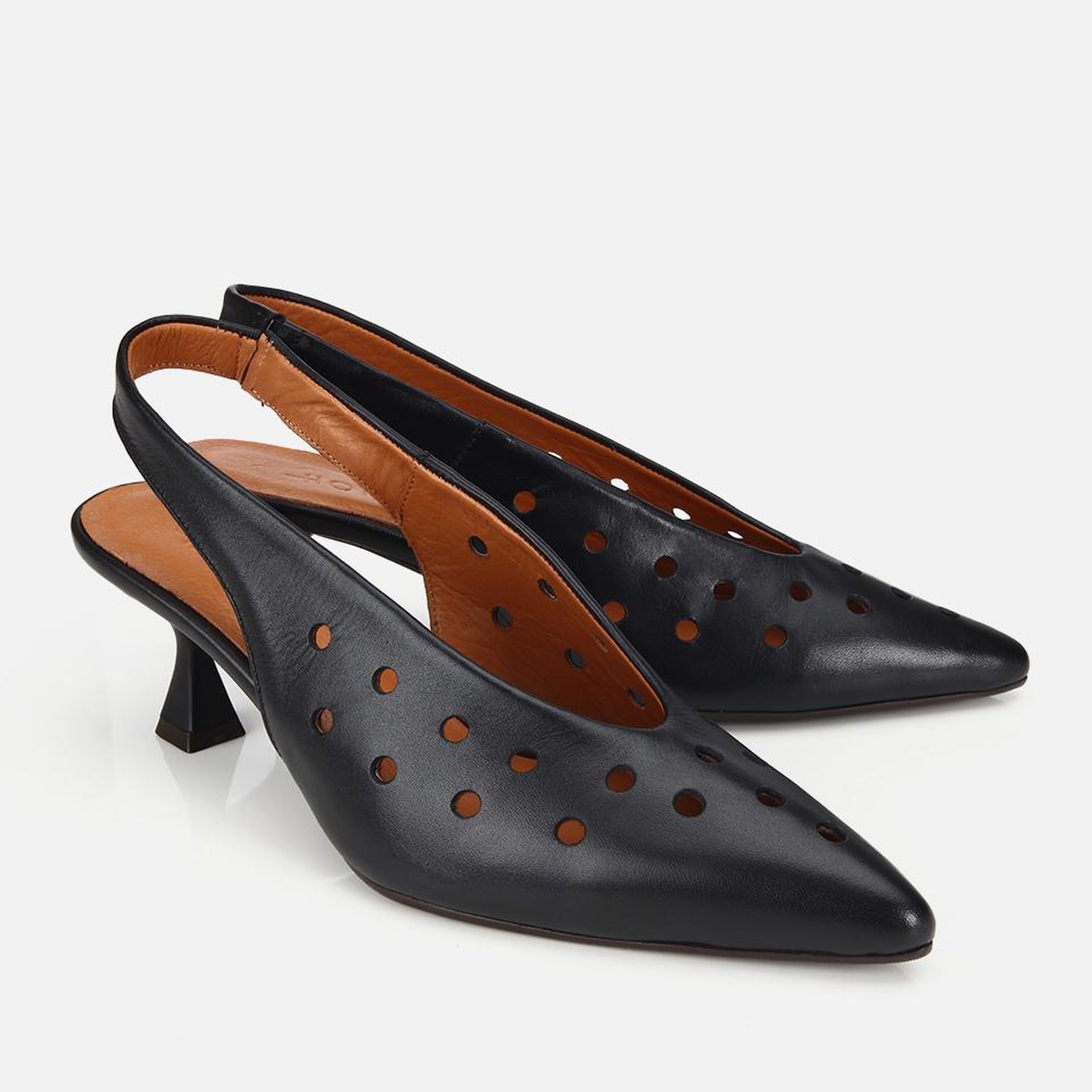 Kadın Deri Siyah Delikli Arkası Açık Kısa Topuklu Stiletto
